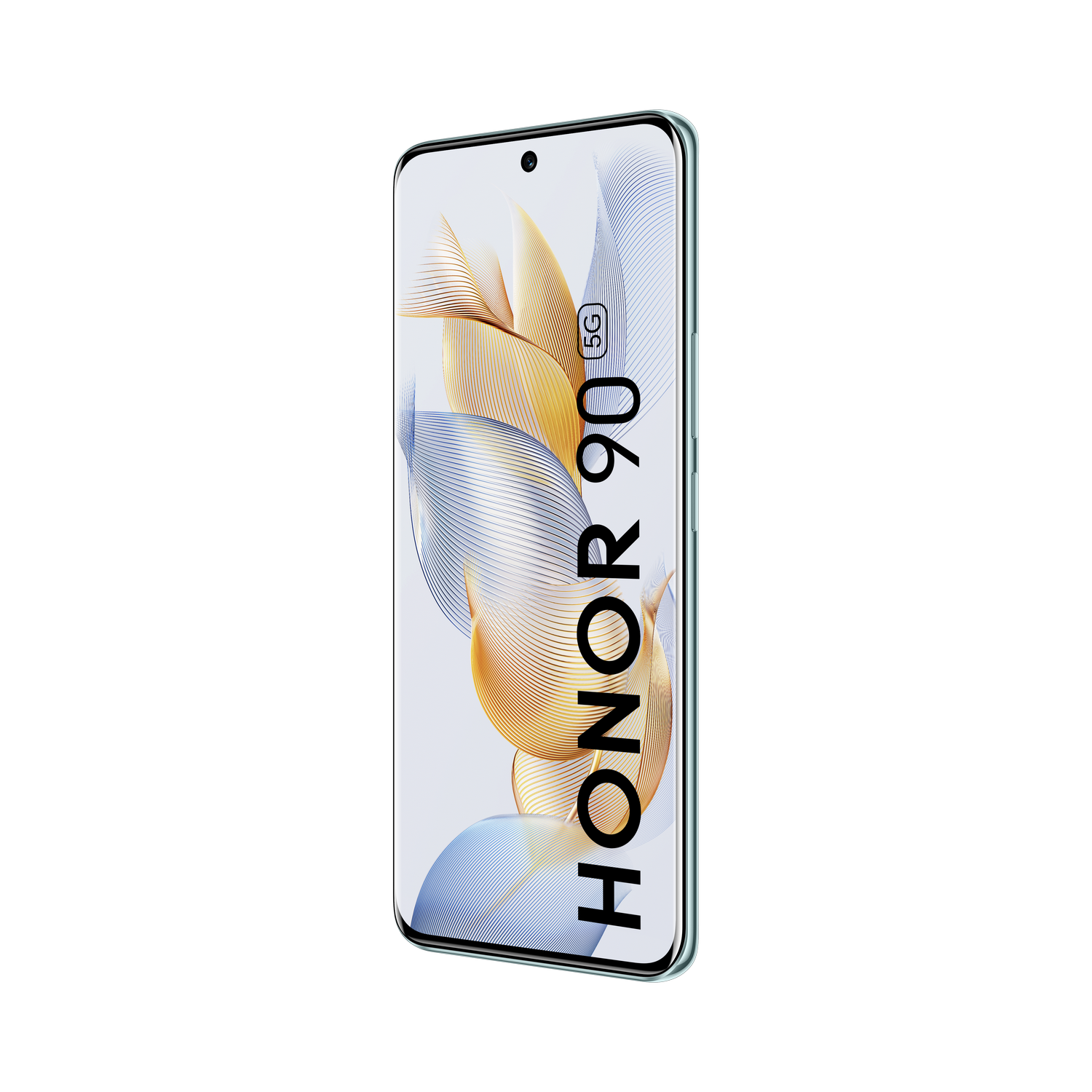 Teléfono Honor 90, verde menta, vista en ángulo. Pantalla muestra arte abstracto dorado y azul.