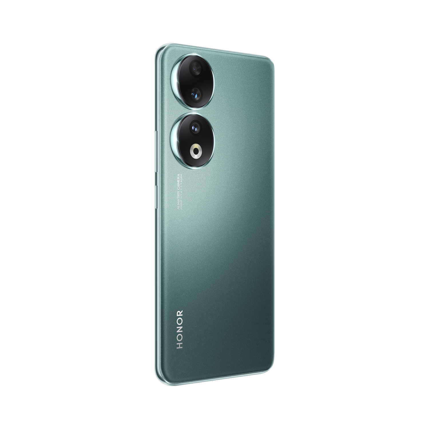 Un smartphone verde azulado con dos cámaras traseras. El teléfono está sobre una superficie negra.