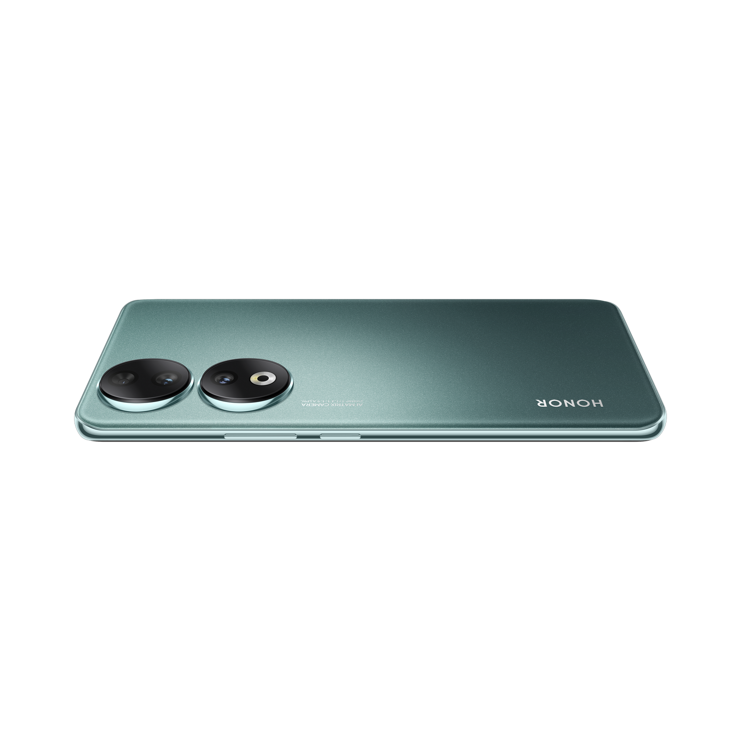 Un smartphone verde azulado, vista trasera, que muestra dos lentes con un logotipo HONOR.