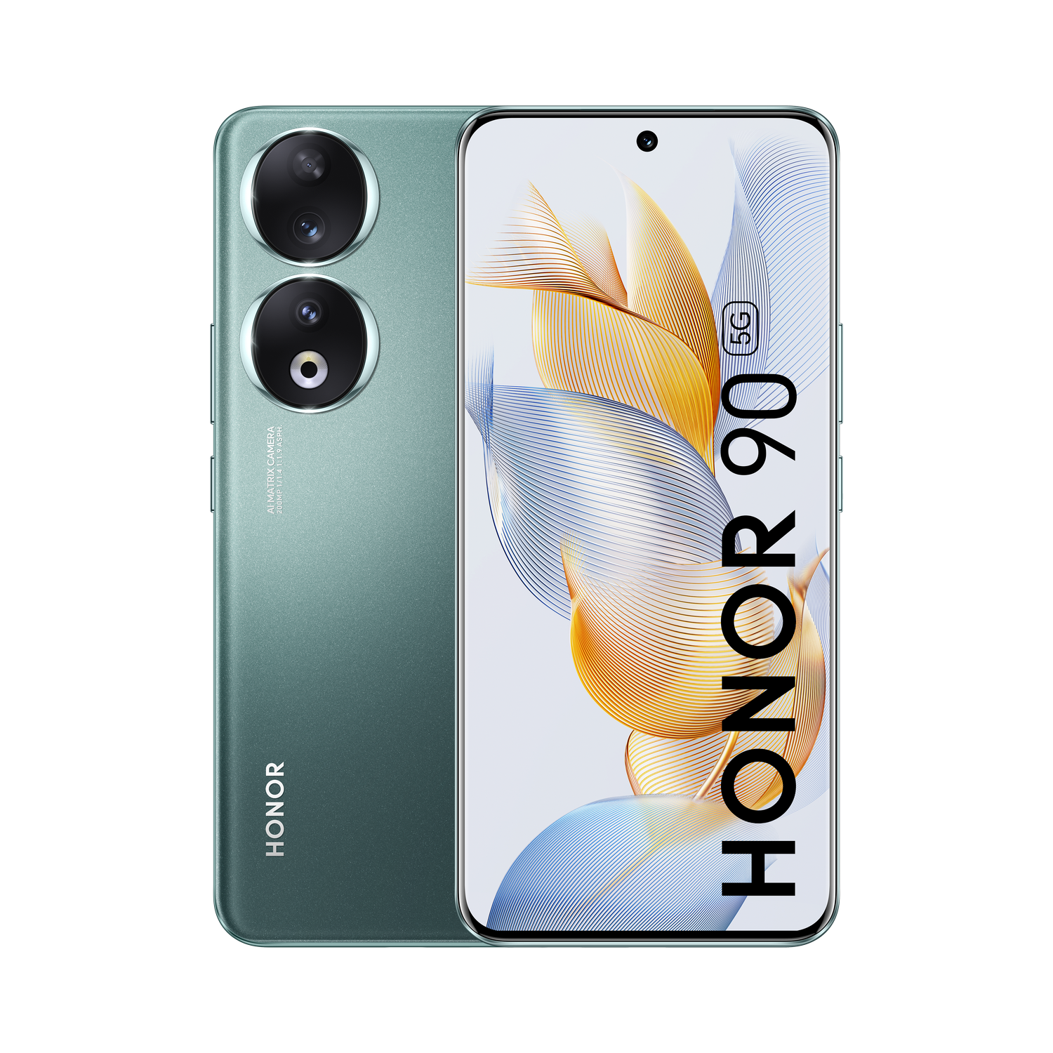 Un smartphone Honor 90 verde con cámara de doble lente y pantalla.