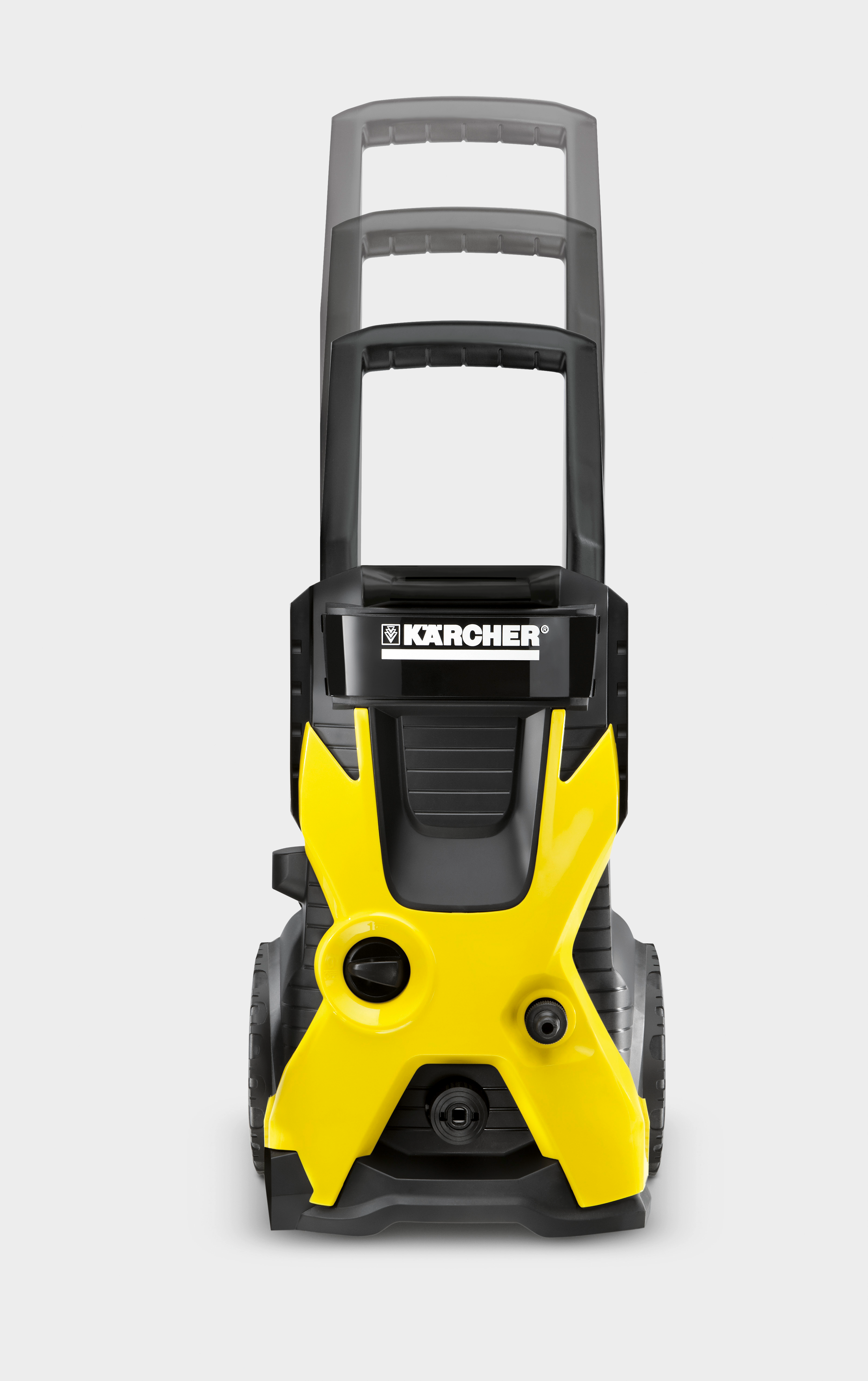 Egy Karcher nagynyomású mosó, sárga és fekete, függőleges kialakítással.