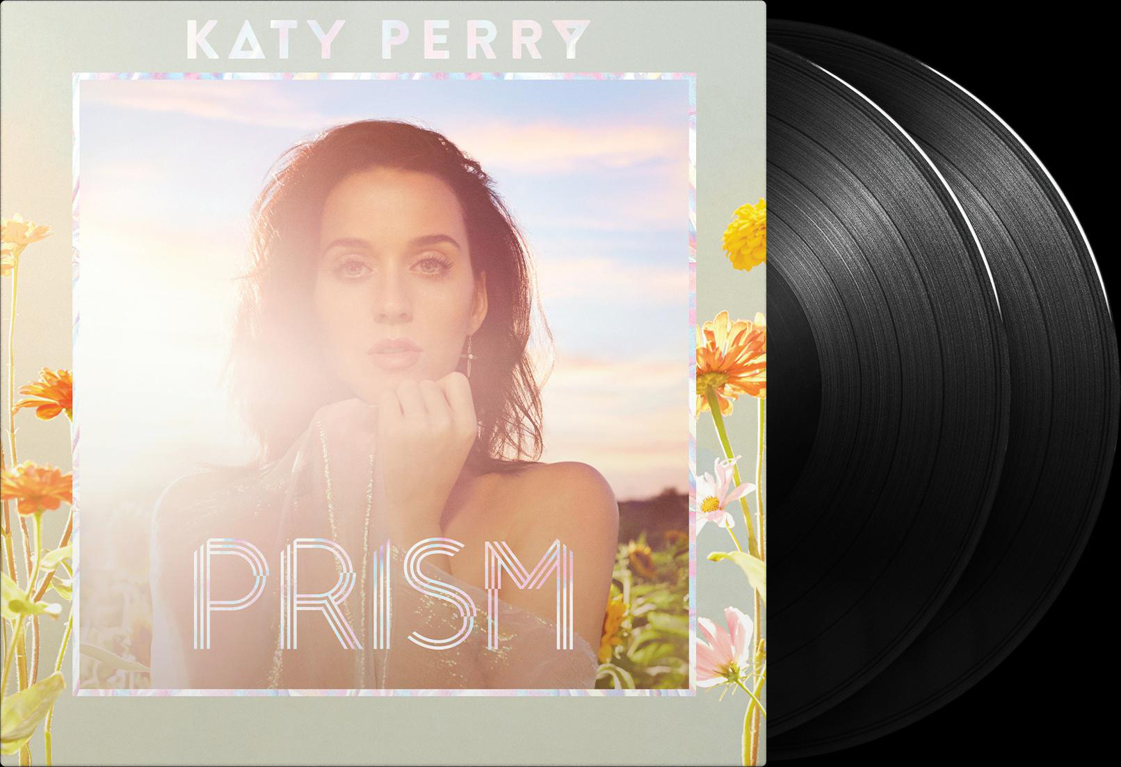 Katy Perry Prism Albumcover mit der Künstlerin und zwei schwarzen Vinylplatten.