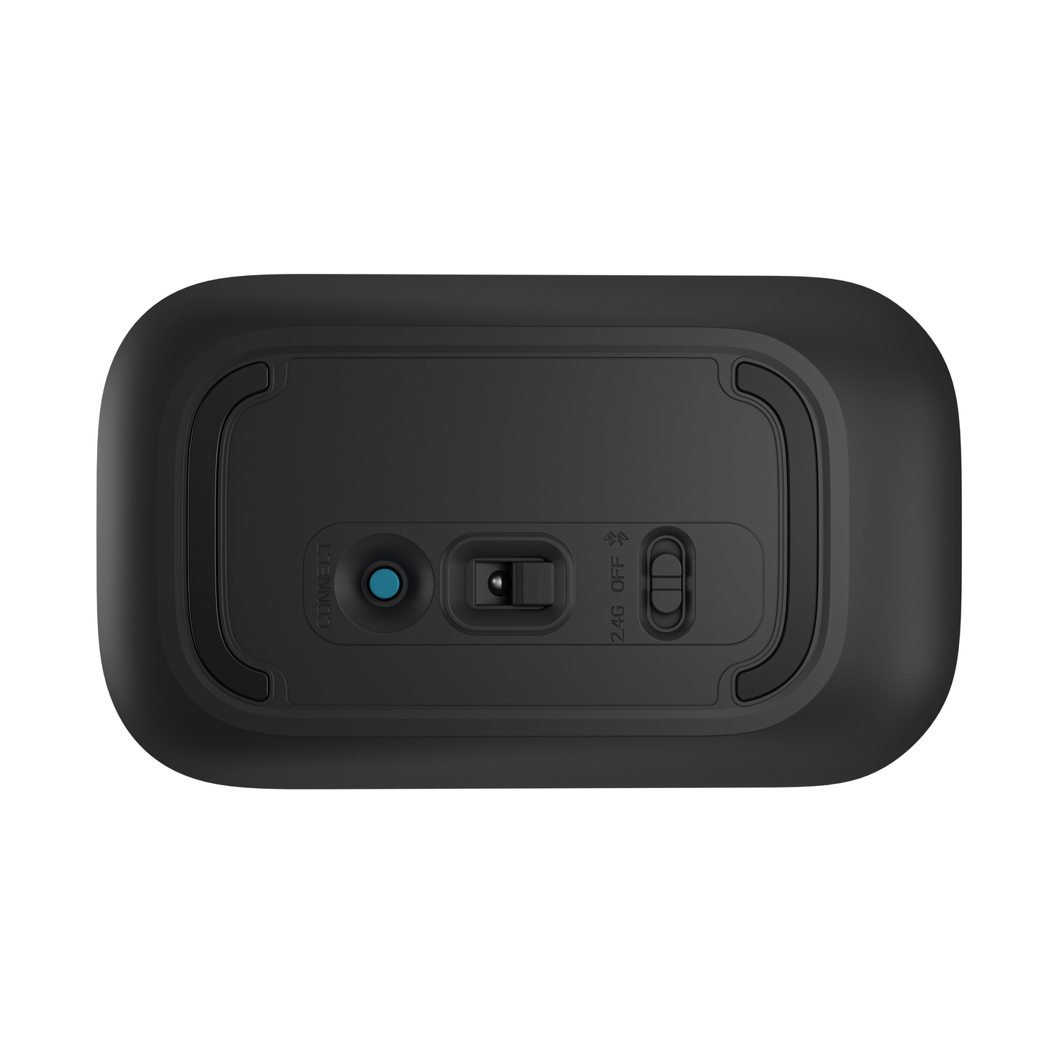 Black computer mouse, bottom view. Features a switch and a connect button.