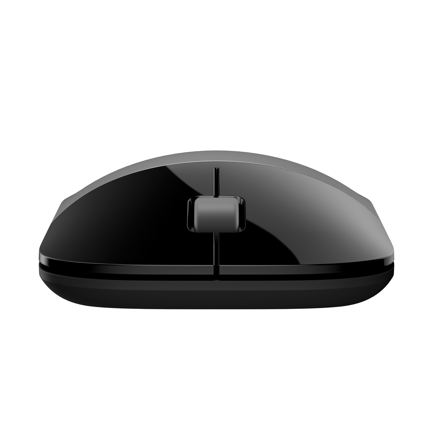 Top view of a black computer mouse with a scroll wheel. The mouse is on a white background.