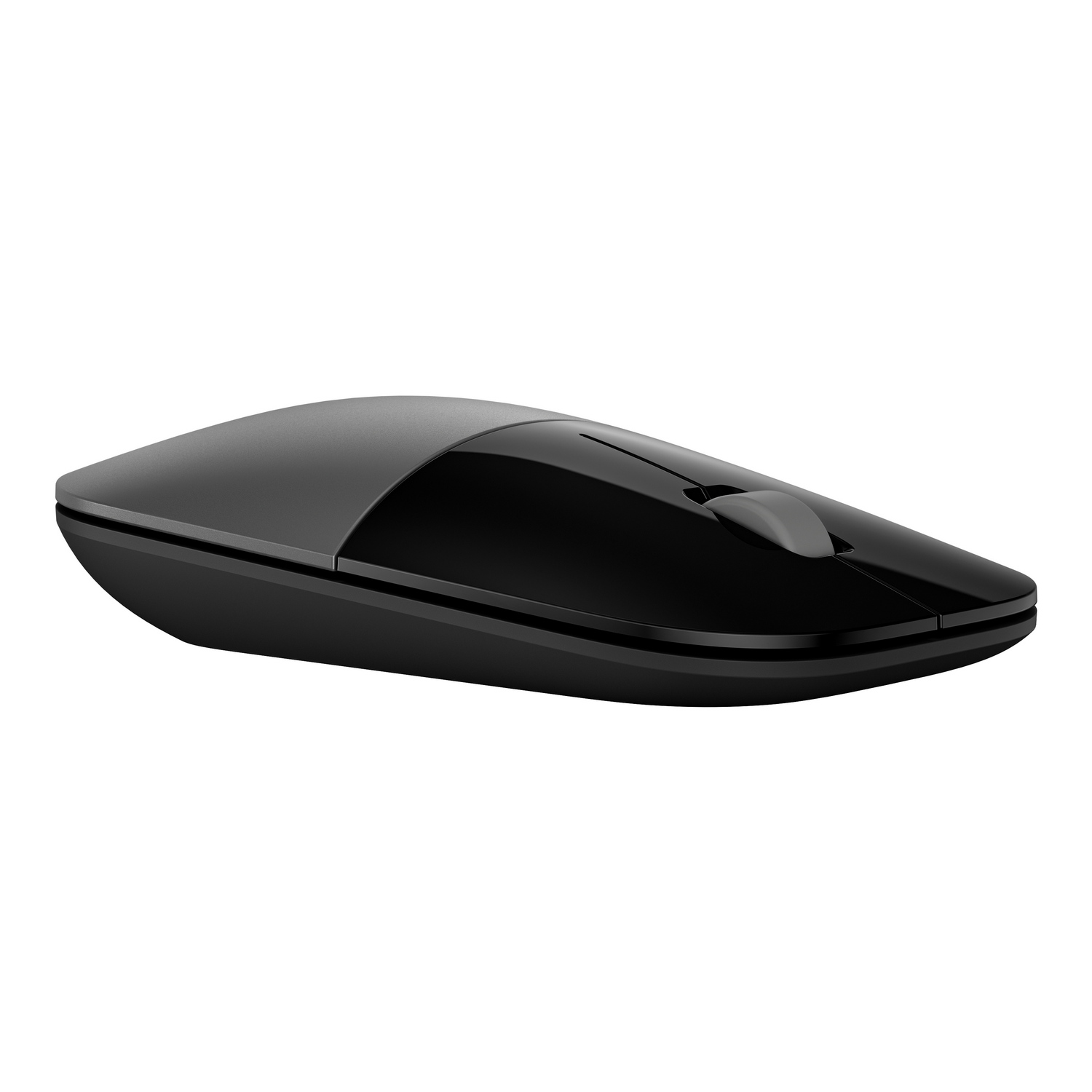 A black wireless computer mouse, sleek and streamlined, against a white background.