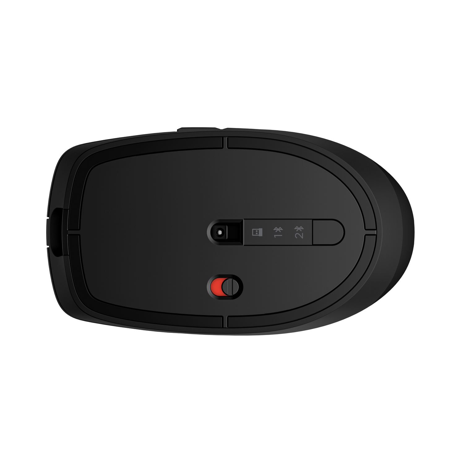 Black wireless mouse, underside view. Red power switch. White background.