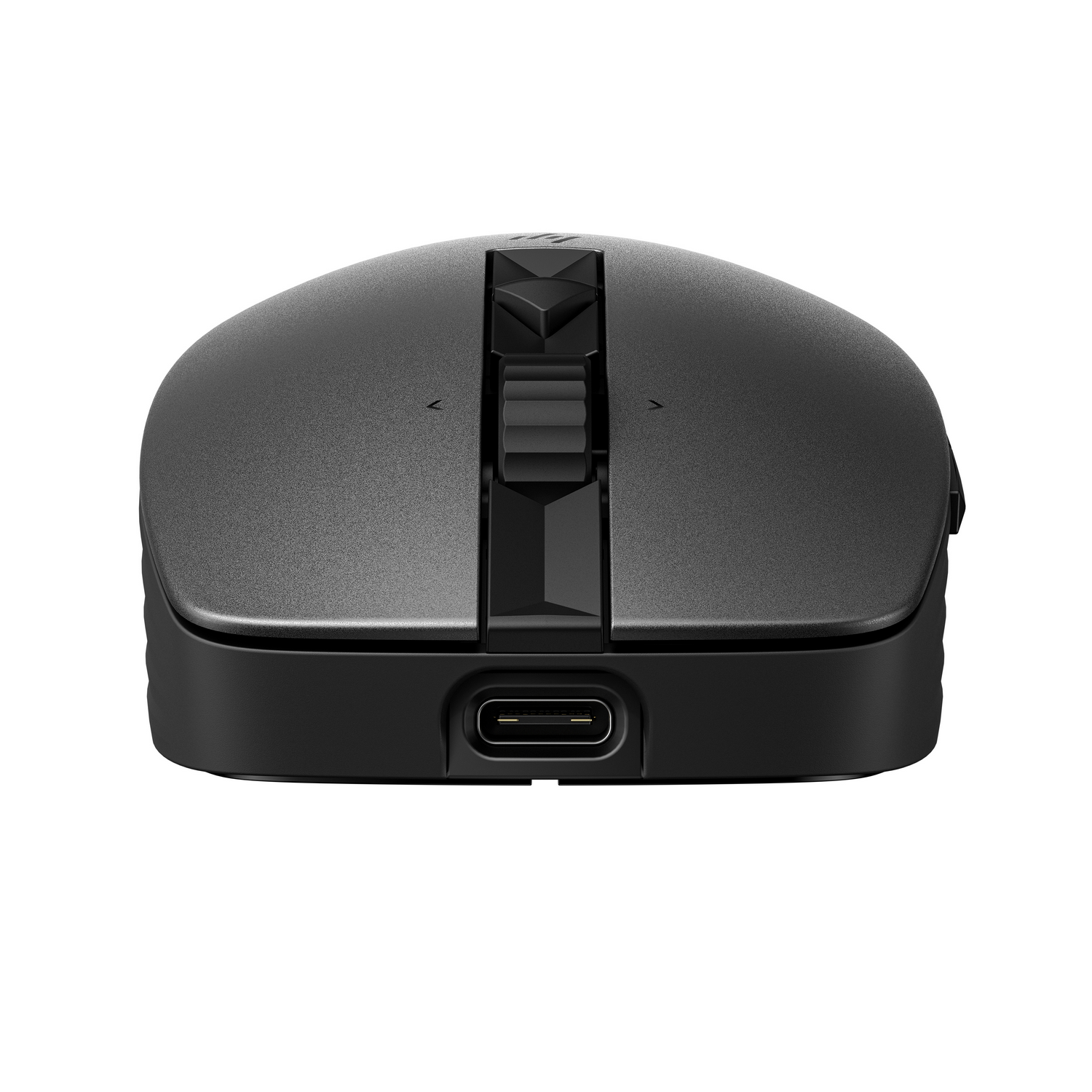 Black wireless mouse with a USB-C port at the front.