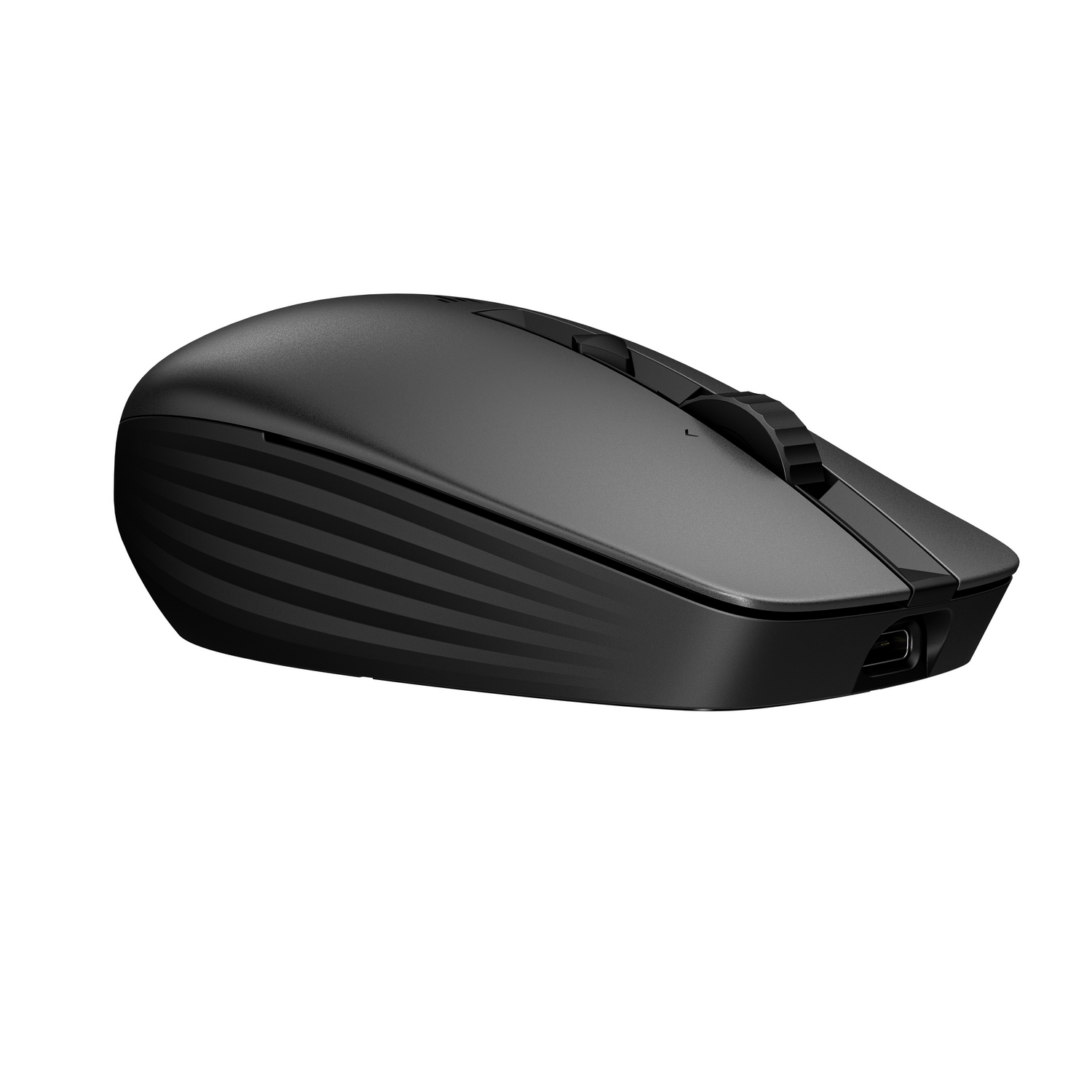 A black wireless mouse with a scroll wheel and a charging port on the side.