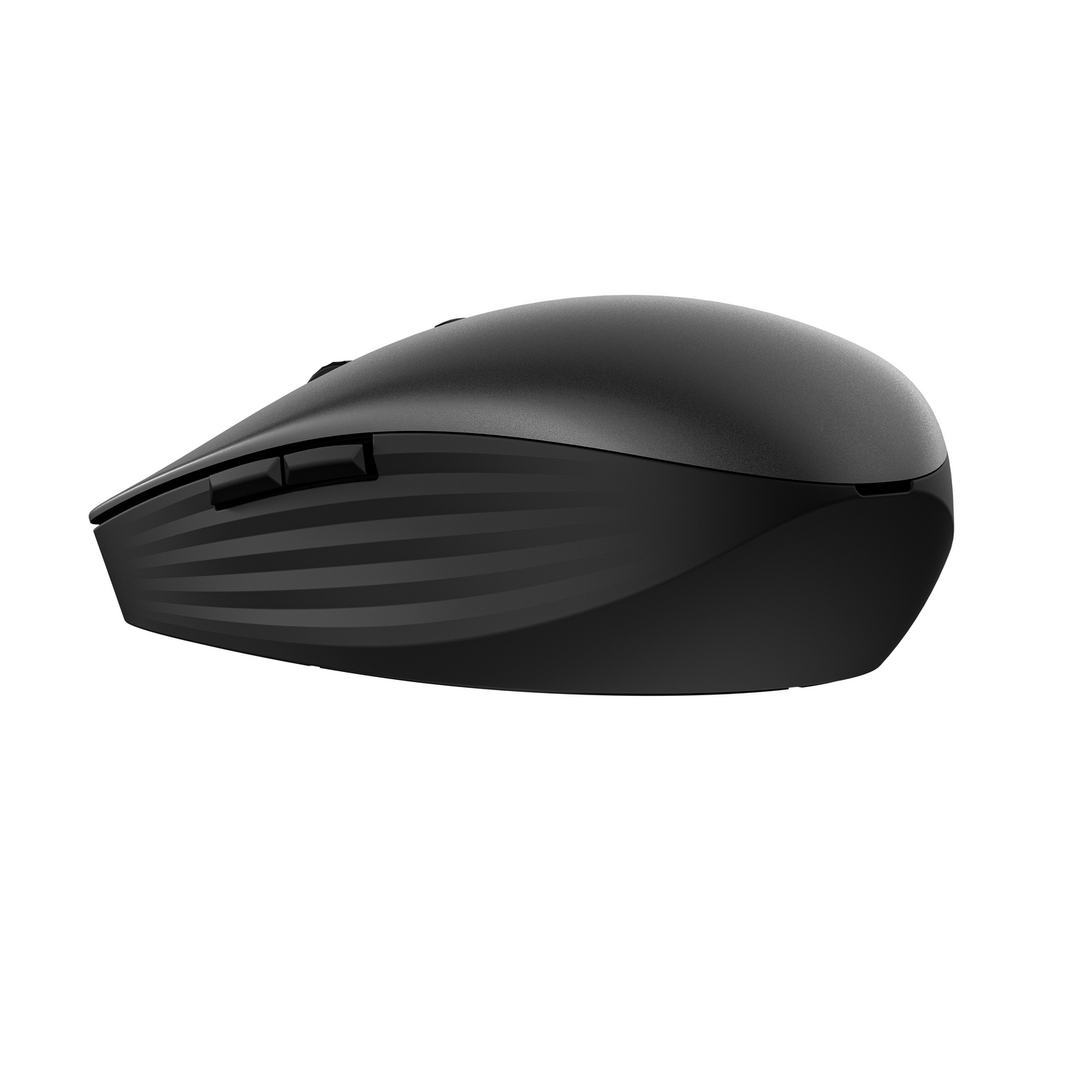 Black computer mouse, top view. Features two side buttons and a contoured design.
