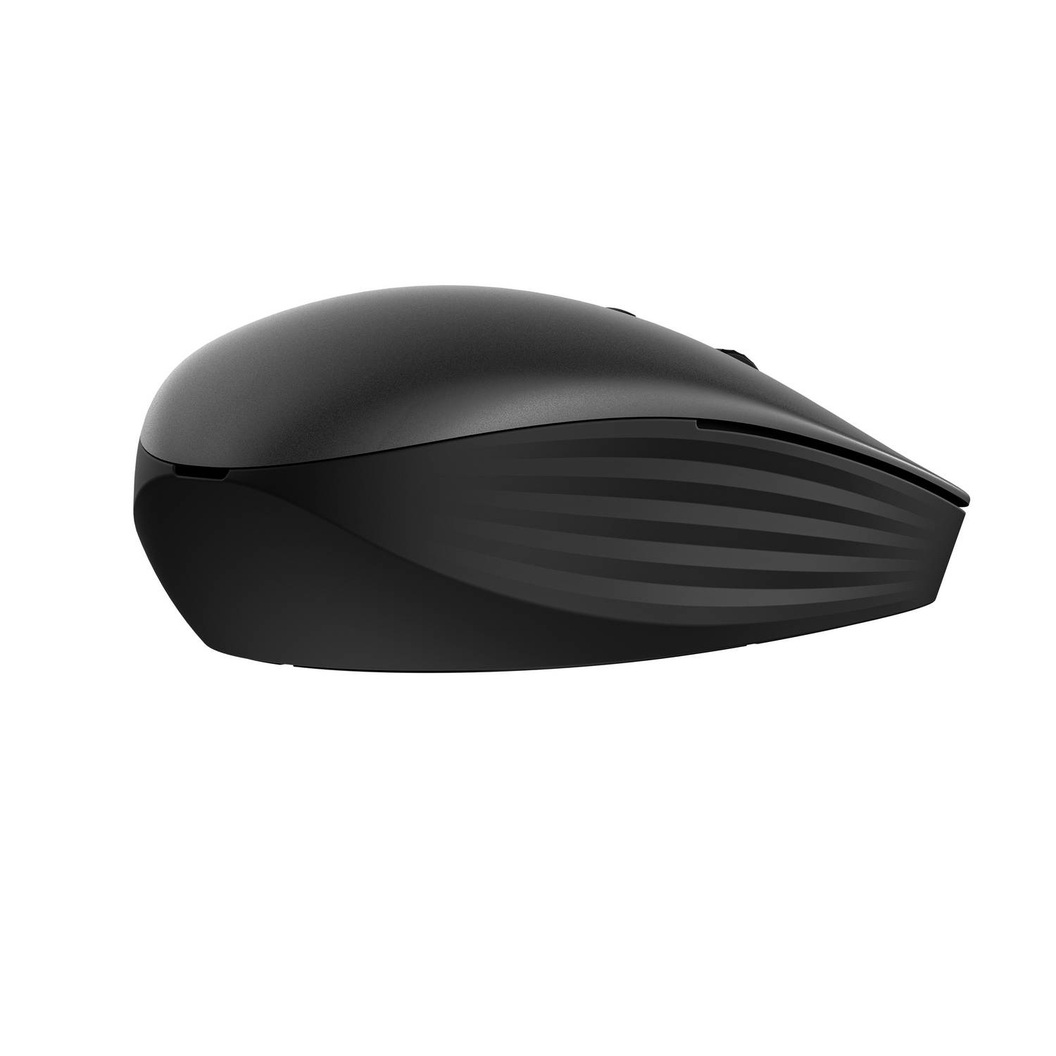 Black wireless computer mouse. The mouse has a curved shape and ridges on the side.