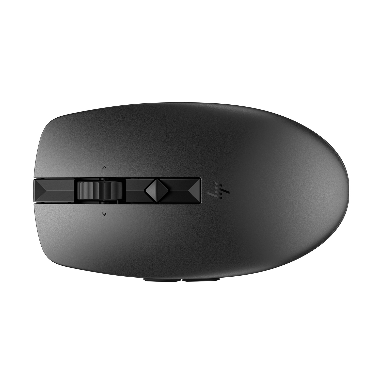 Black computer mouse with a scroll wheel and a logo. Top view.