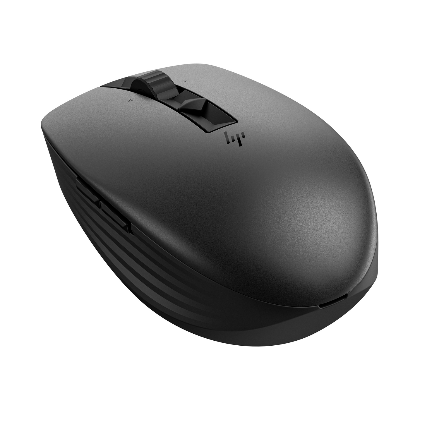 A black HP wireless mouse. It has a scroll wheel and two side buttons, with the HP logo visible.