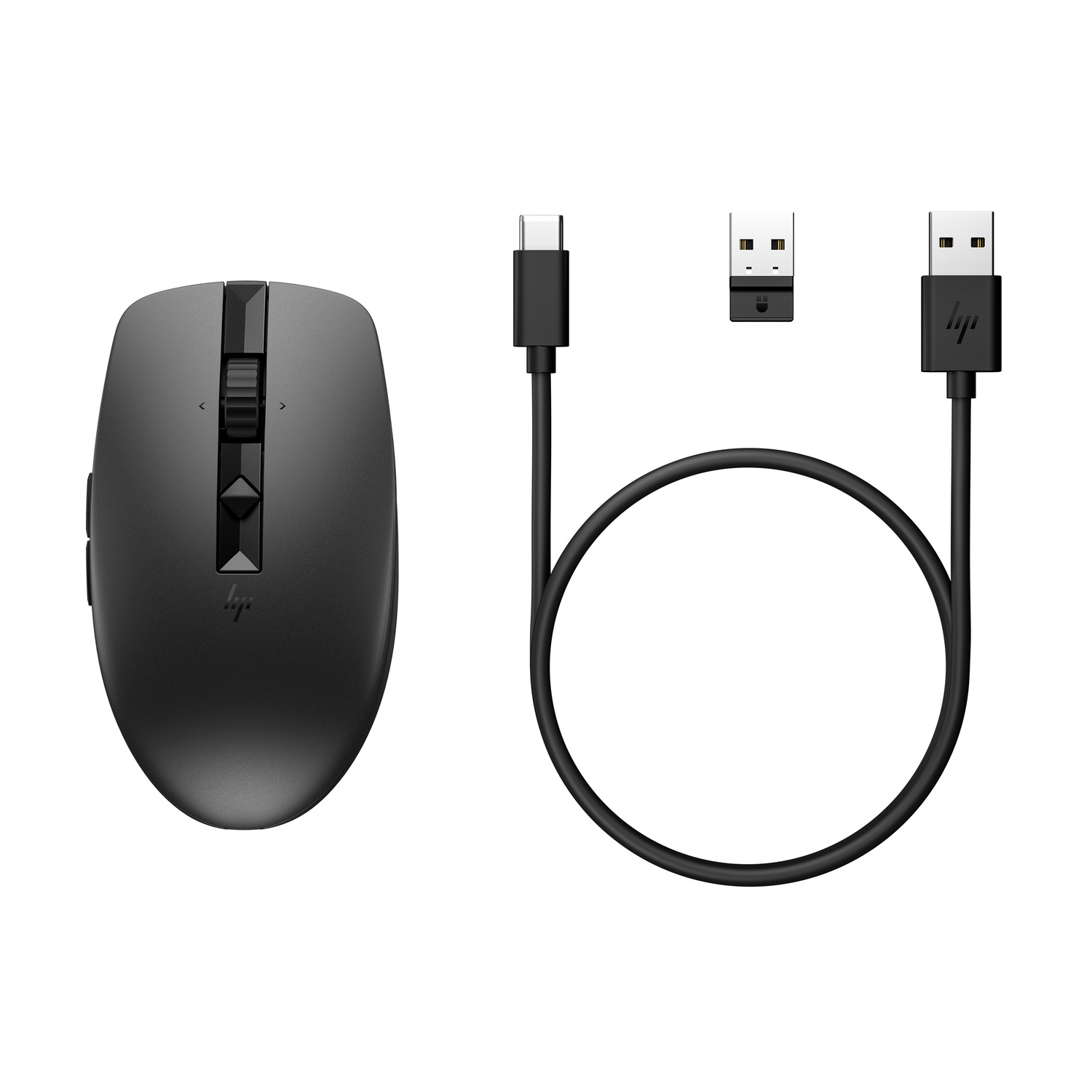 Black HP mouse with USB and USB-C cables. White background. Mouse and cables are in the image.