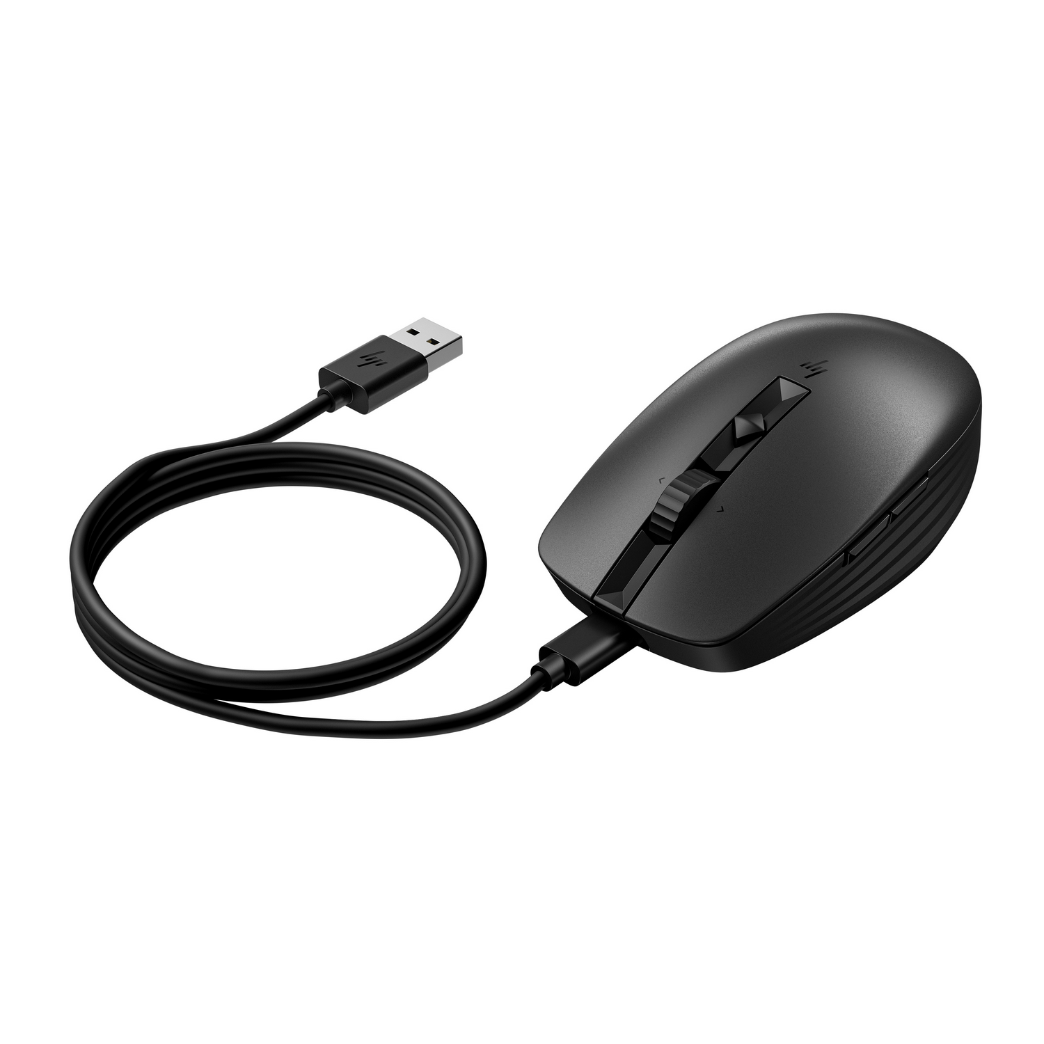 Black HP mouse with a USB cable. The mouse has a scroll wheel and side buttons.