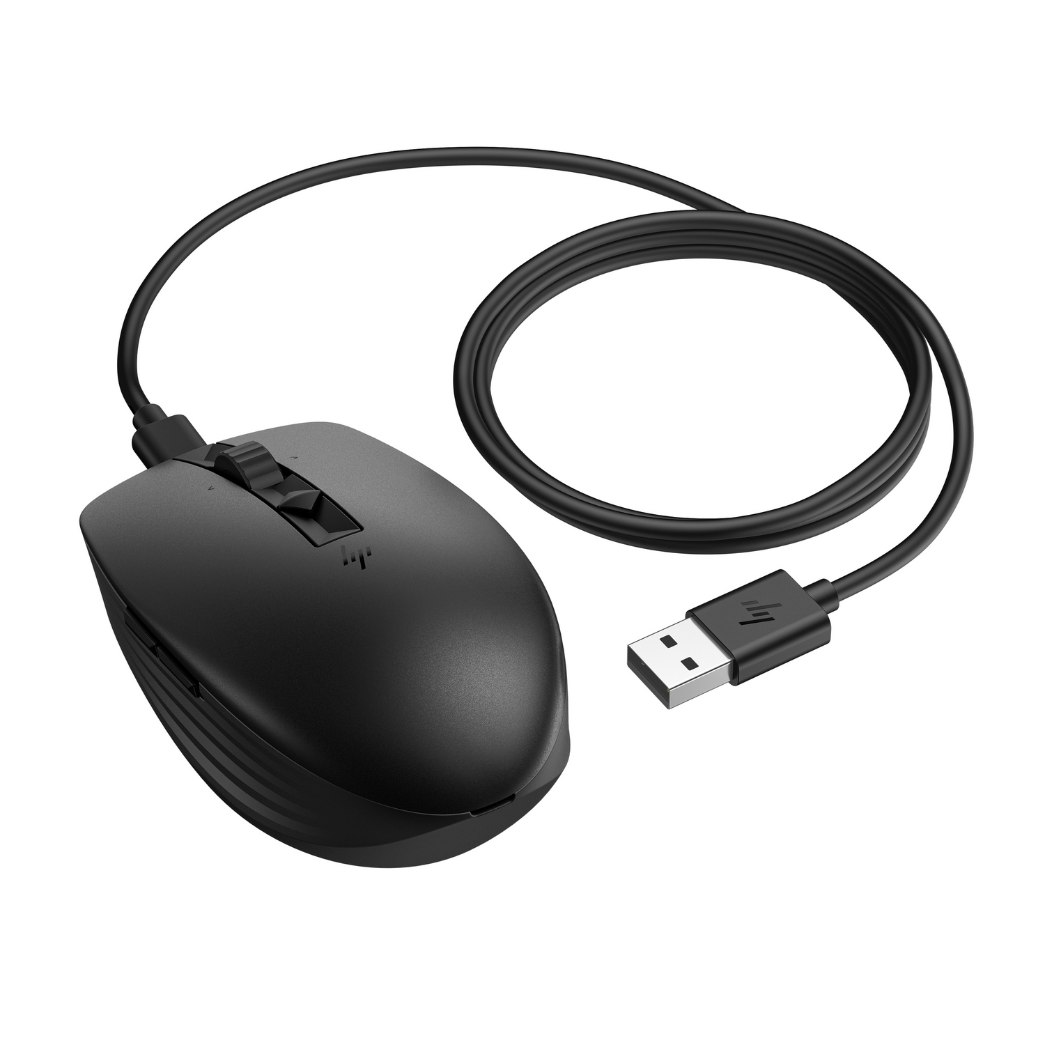 Black computer mouse with a USB cable. The mouse has a scroll wheel and an HP logo.