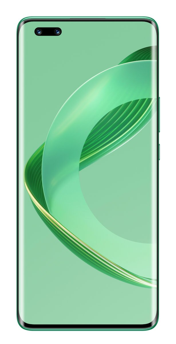 Zielony smartfon z zakrzywionym ekranem. Ma trzy aparaty i zielony design.