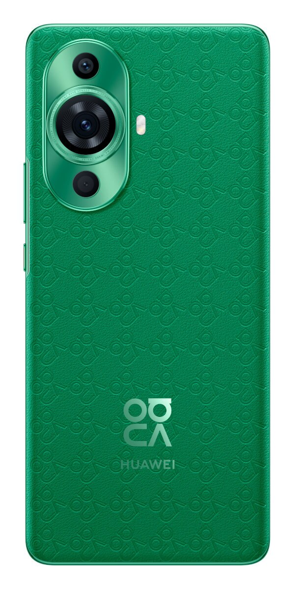 Zielony telefon z potrójnym aparatem. Posiada zielony tył imitujący skórę z logo i aparatem.