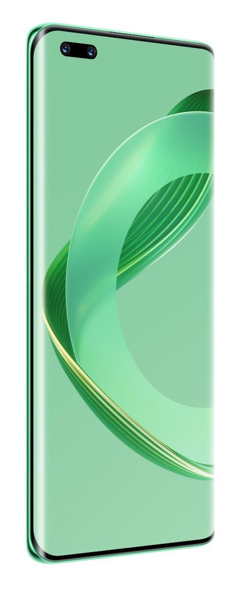 Zielony smartfon z zakrzywionym ekranem i zielonym wzorem wirowym.