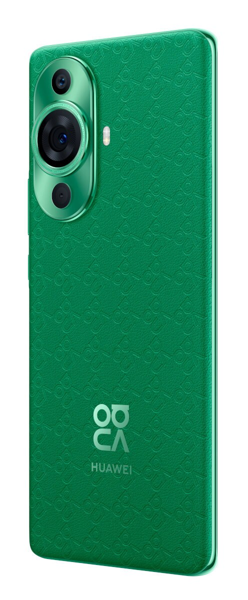 Zielony smartfon, pokazujący tył z modułem aparatu i logo Huawei.