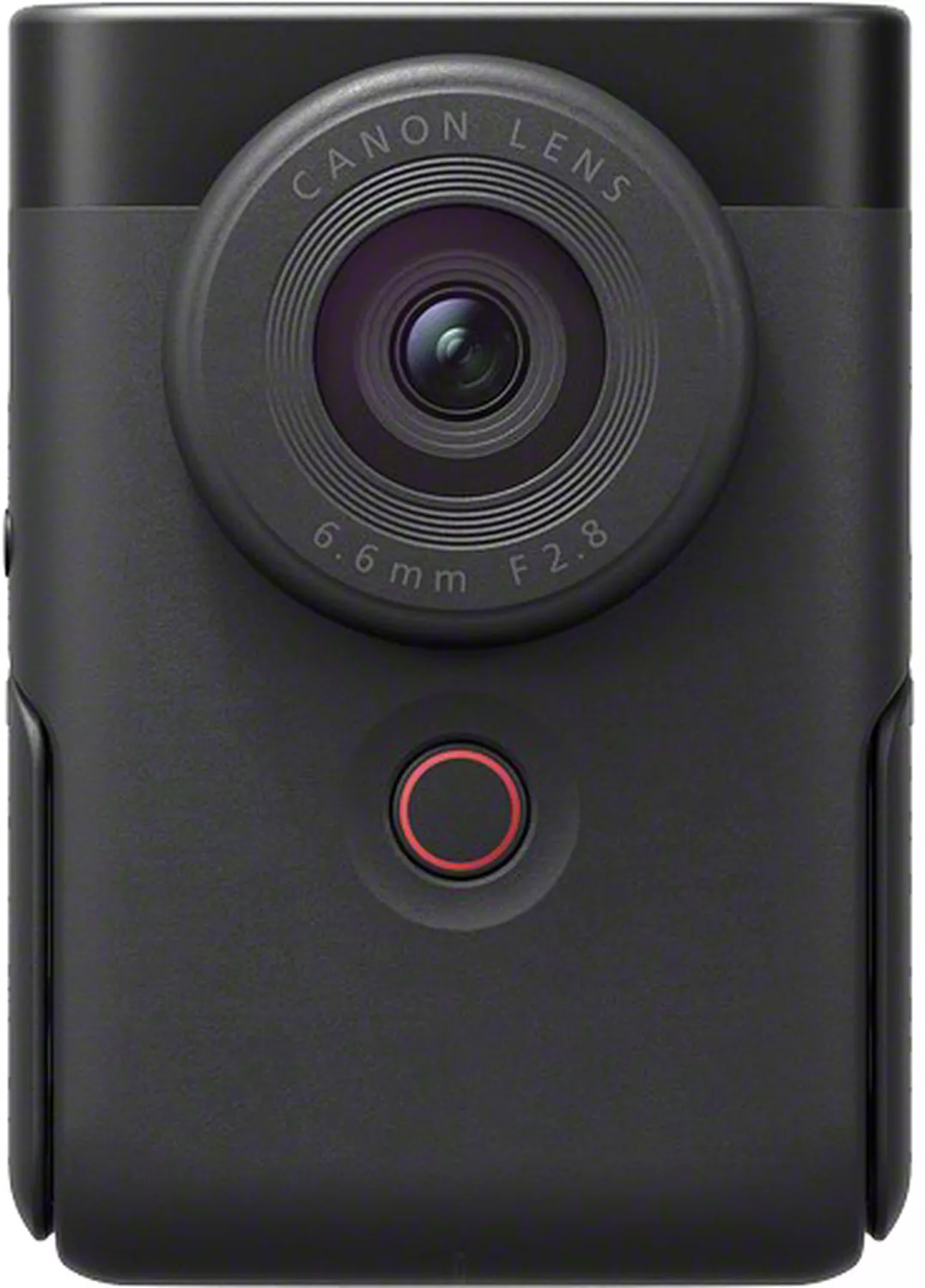 Eine schwarze Canon Kamera mit Canon-Objektiv, rotem Knopf und schwarzem Hintergrund.