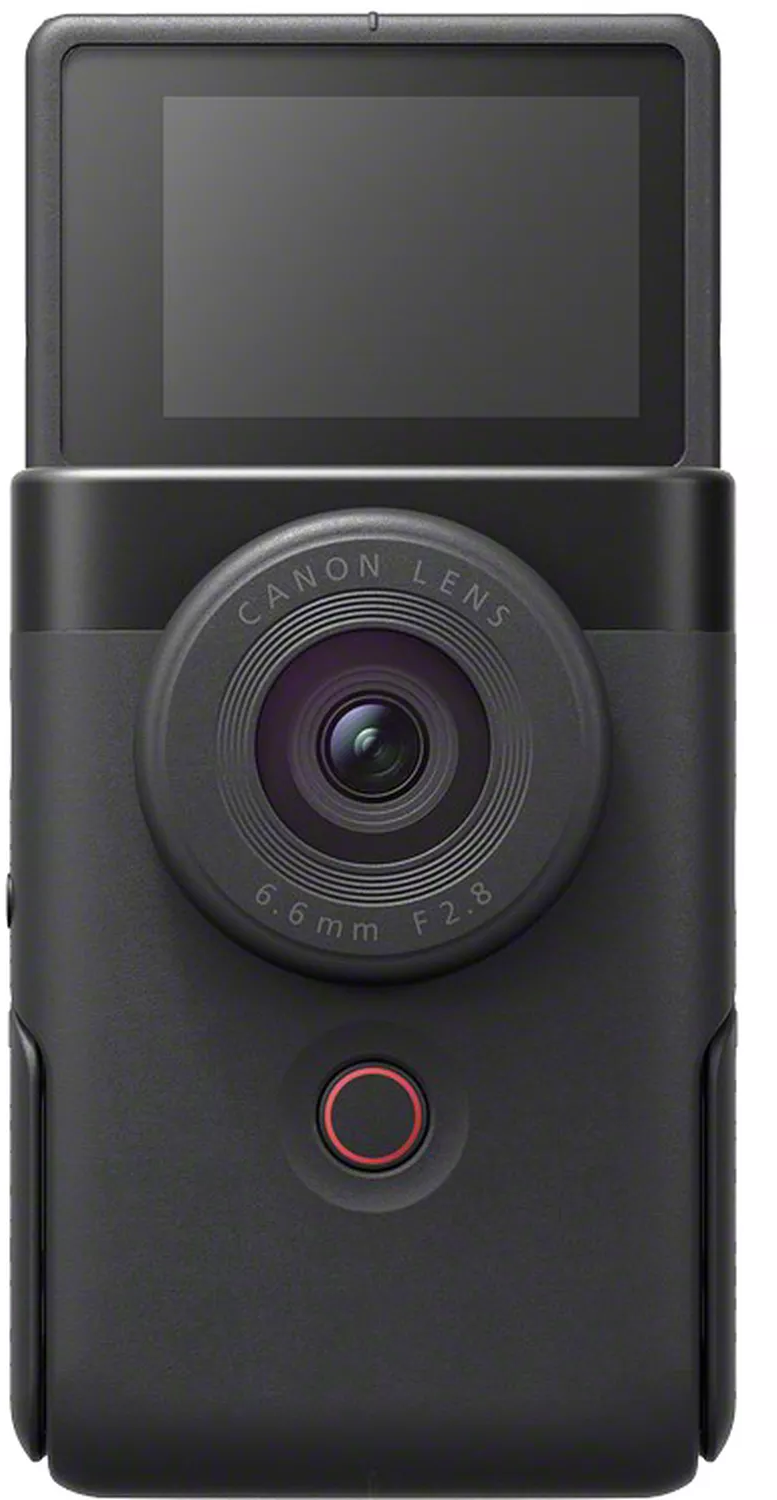 Schwarze Canon Kamera mit Objektiv und Bildschirm. Ein roter Knopf ist sichtbar.