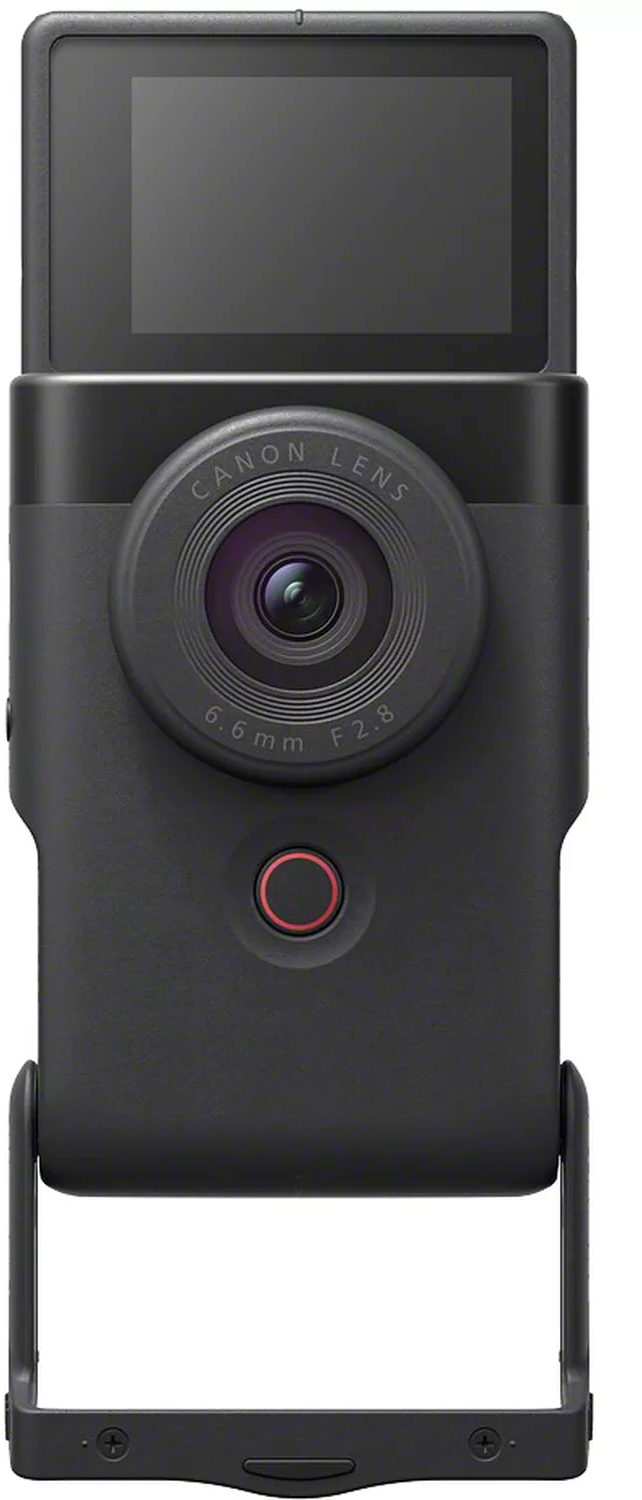 Eine schwarze Canon-Kamera mit Bildschirm, Objektiv und rotem Knopf.