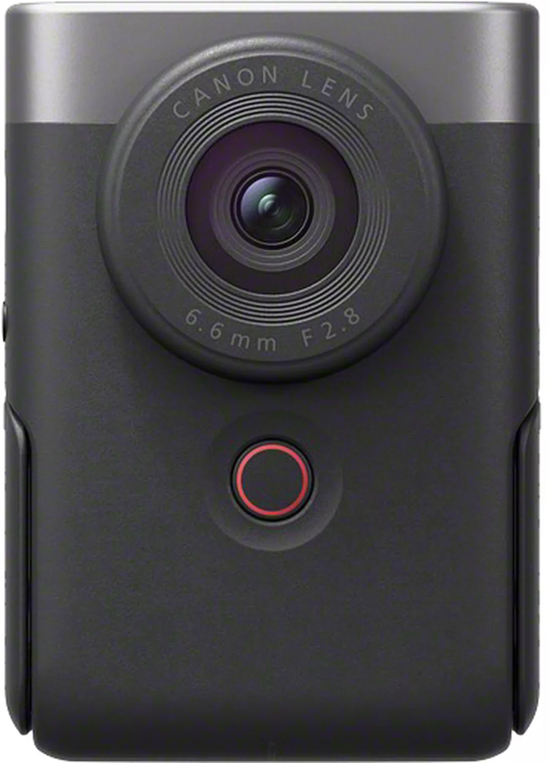 Schwarze Canon Kamera mit rotem Knopf und Linse.
