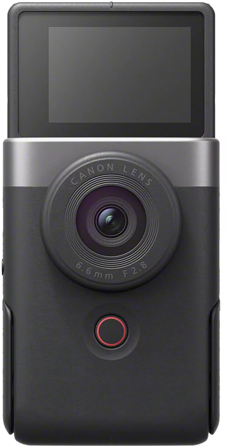 Eine schwarze Canon-Kamera mit einem Bildschirm oben, einem Objektiv in der Mitte und einer roten Taste unten.