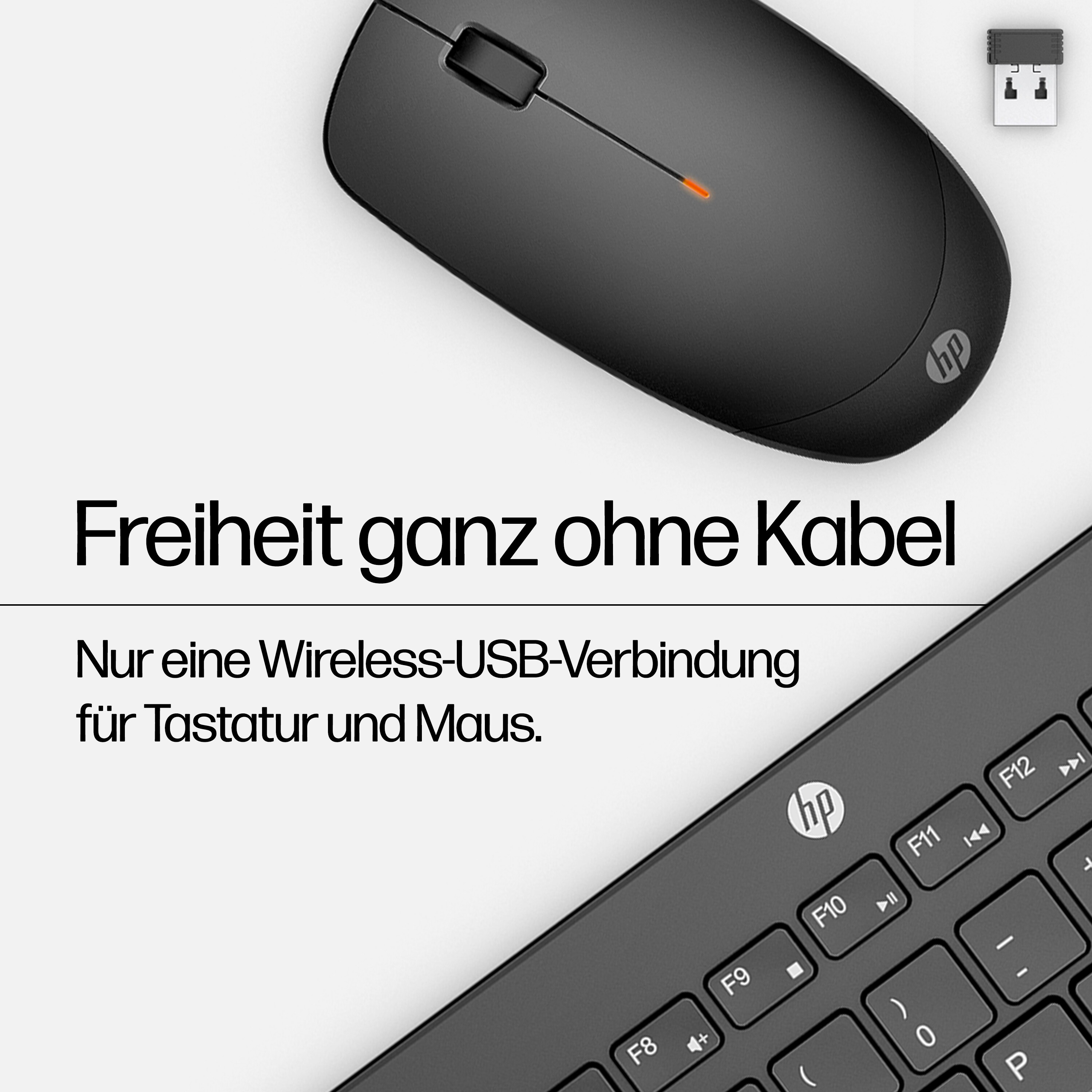 Eine schwarze Maus mit einer orangefarbenen Anzeige und eine schwarze Tastatur mit HP-Logo.