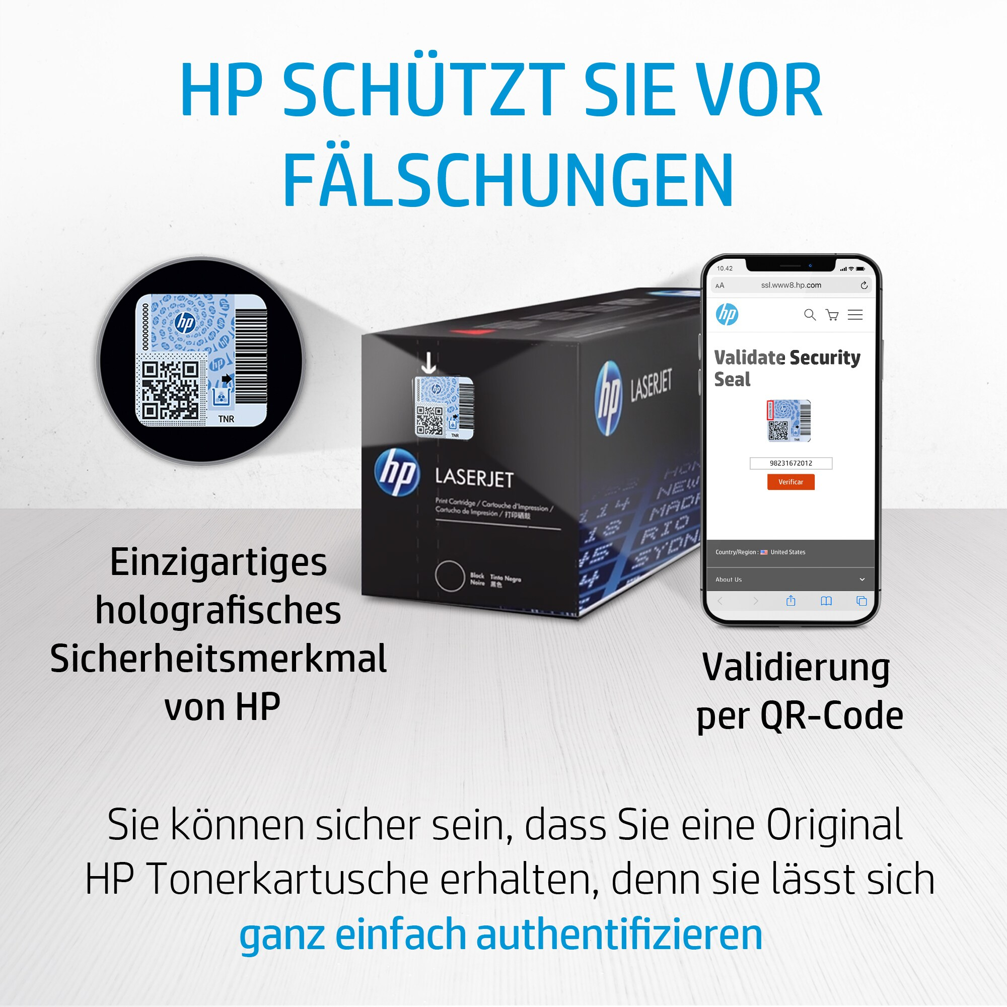 HP LaserJet Tonerkartusche mit QR-Code zur Überprüfung und Validierung.