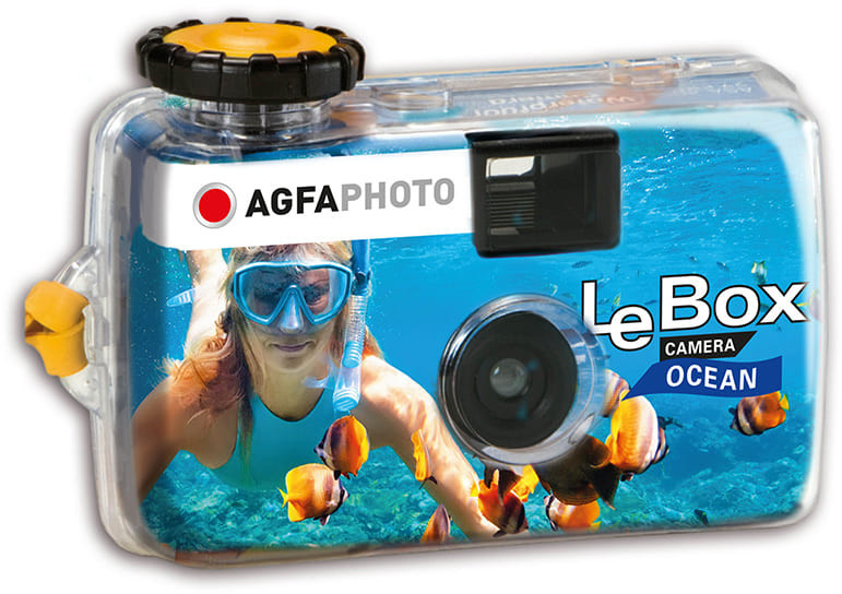 Underwater camera. A woman in a snorkel mask is underwater with fish. The camera has a clear case.