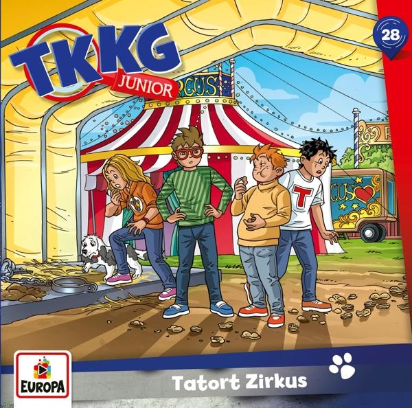 TKKG Junior Comic-Cover. Vier Kinder vor einem Zirkuszelt. Bunte Illustration.