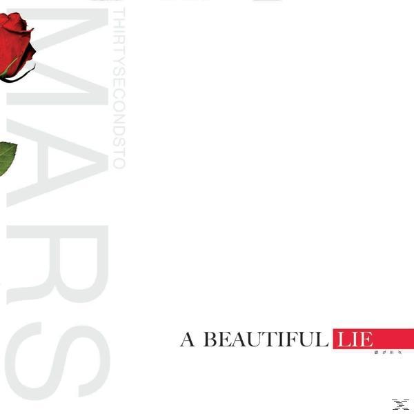 Albumcover mit Rose und dem Text 'A Beautiful Lie' mit 'Thirty Seconds to Mars'.