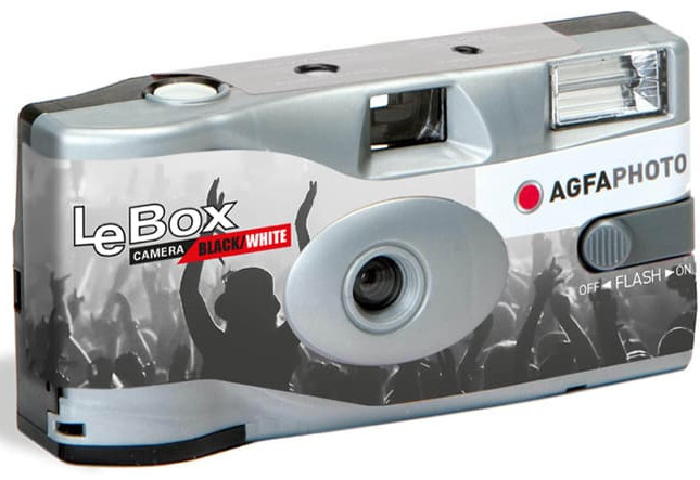 AGFA LeBox black and white disposable camera with graphics.