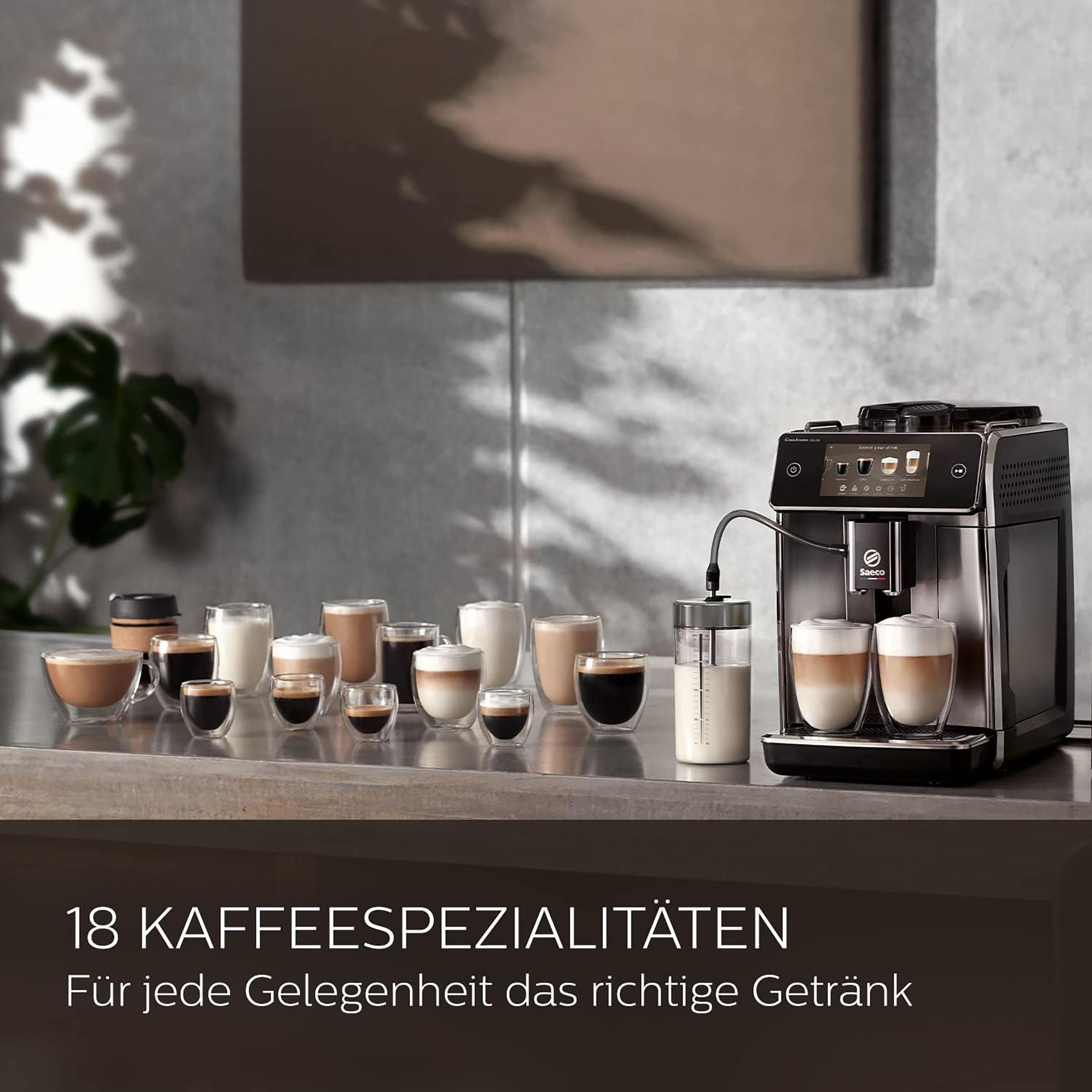 Kaffeemaschine mit verschiedenen Kaffeegetränken und Text: 18 KAFFEESPEZIALITÄTEN.