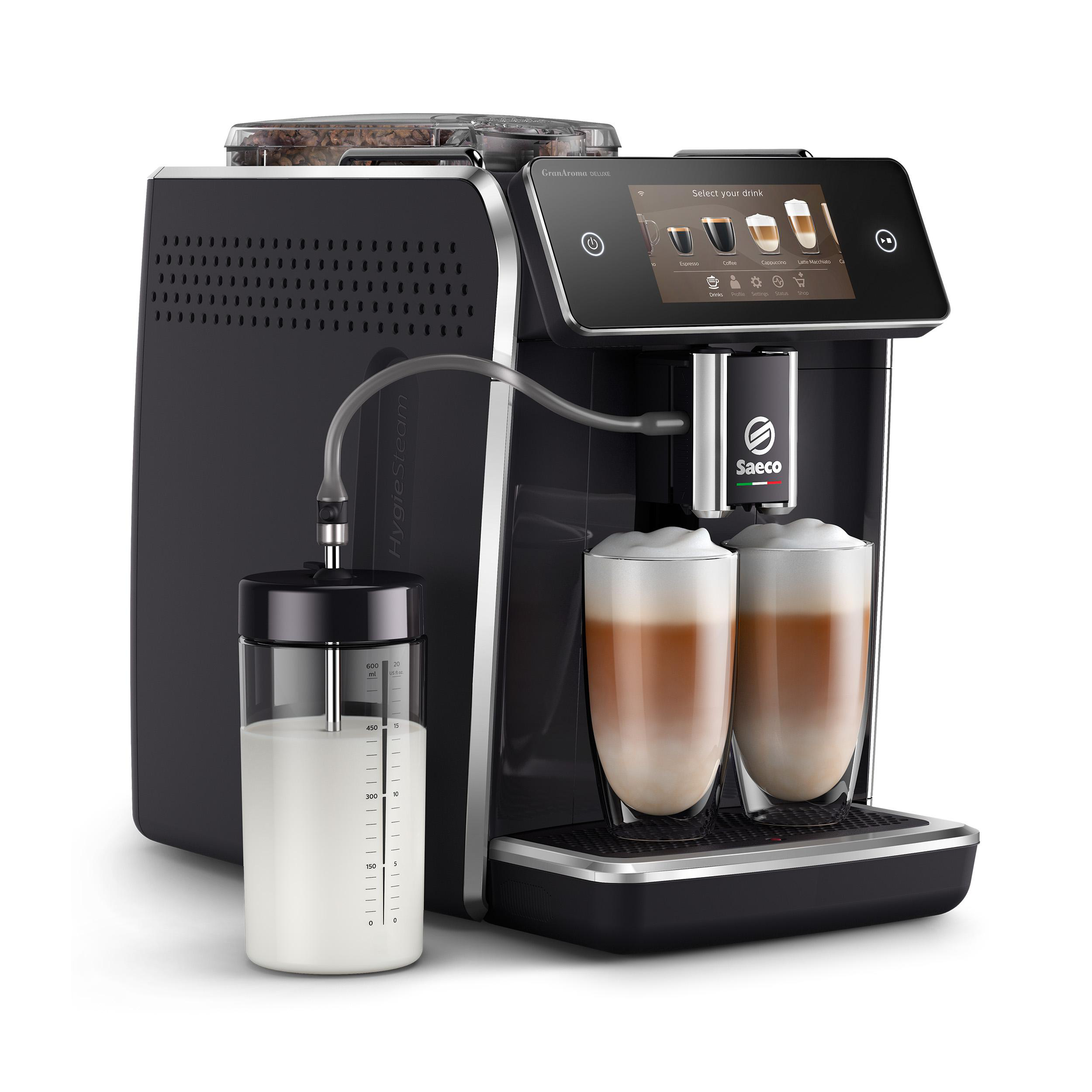 Eine schwarze Saeco Kaffeemaschine, die zwei Lattes zubereitet, mit einem Milchbehälter.