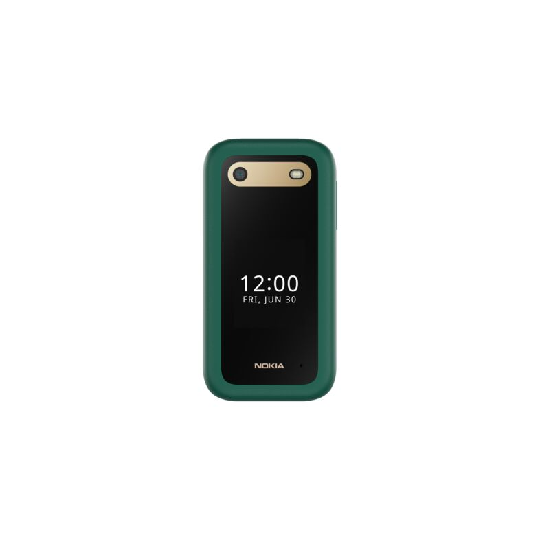 Nokia telefon. A képernyőn 12:00 és PÉN, JÚN 30 látható. A telefon zöld és van kamerája.