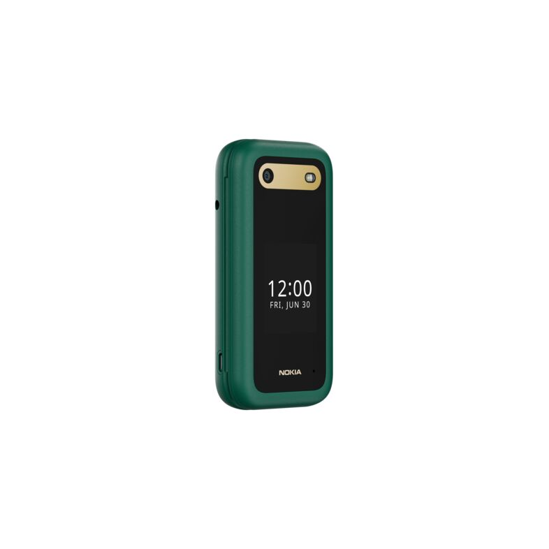 Zöld Nokia telefon, fekete képernyőn az idő látható. Fehér háttér.