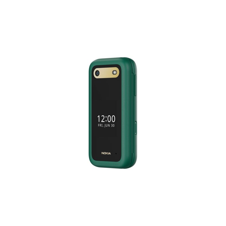 Zöld Nokia telefon kamerával és képernyővel. Megjeleníti az időt és a dátumot: 12:00, péntek, június 30.
