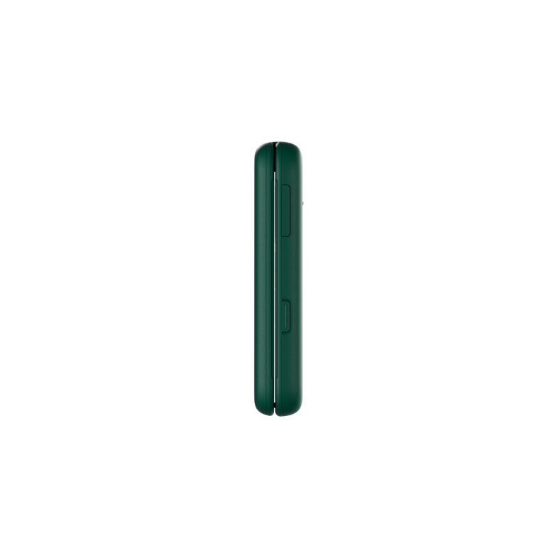 Zöld, zárt kagylótelefon oldalról, karcsú, minimalista dizájnnal.