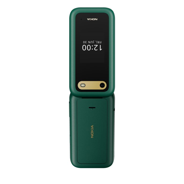 Zöld Nokia kagylótelefon, nyitva, időt és dátumot mutat a képernyőn.