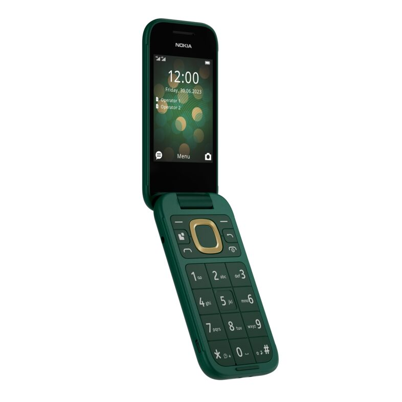 Egy zöld Nokia kagylótelefon, kinyitva a képernyőt. Megjeleníti az időt és a dátumot a menüpontokkal.