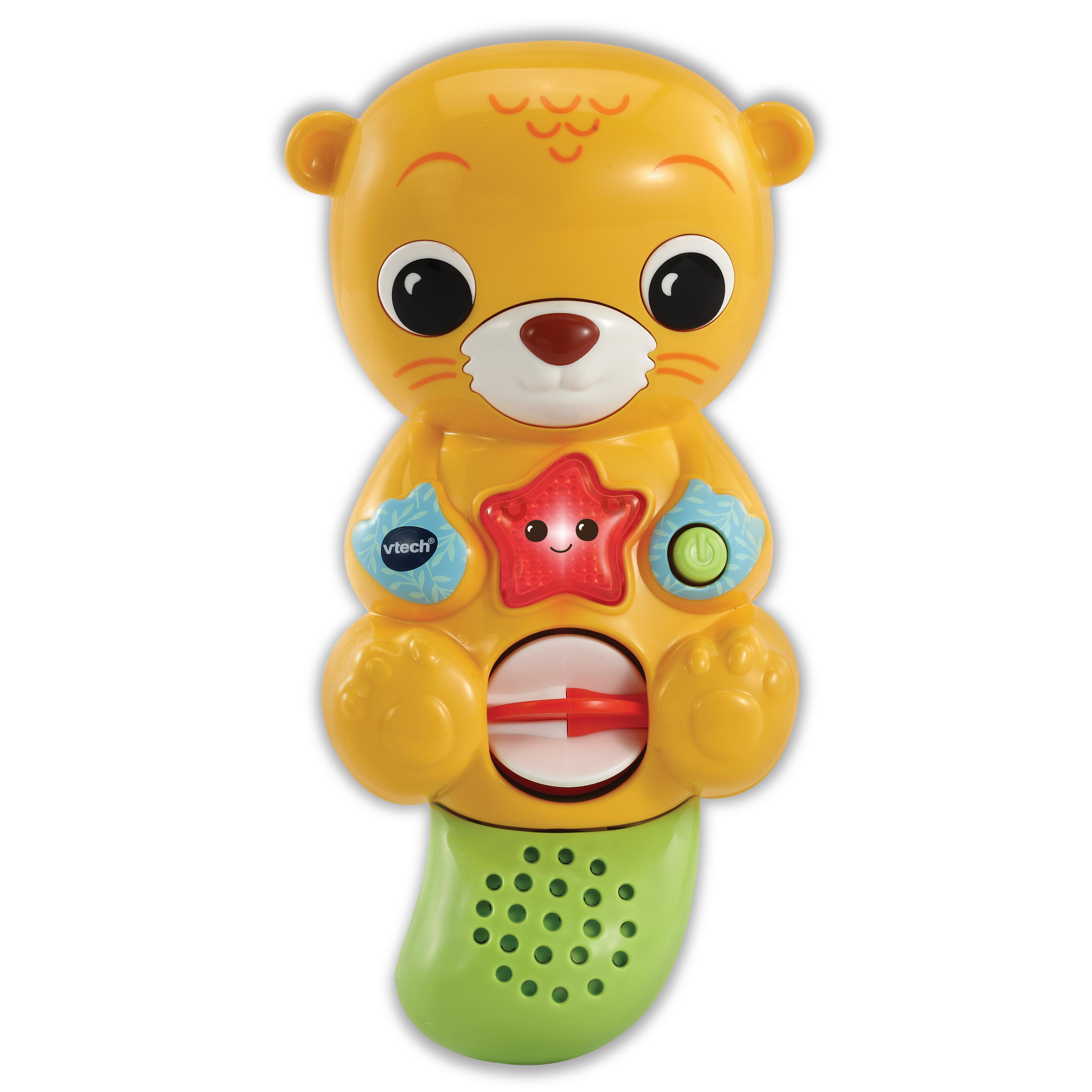 Ein gelb-grüner Spielzeugbär für Babys mit Knöpfen und einem Stern.