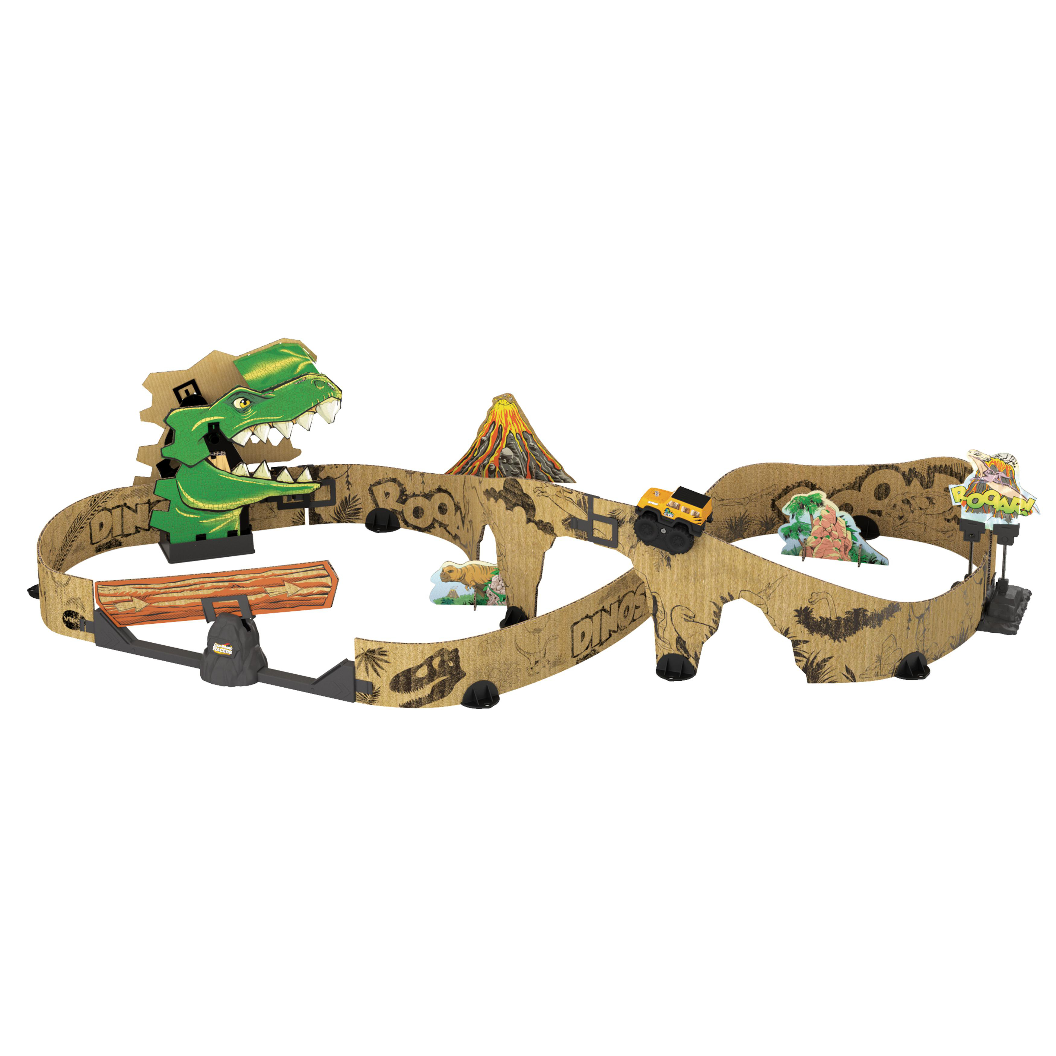 Dinosaurier-Themenpappe mit einem grünen Dinosaurier und einem Vulkan. Ein Dinosaurier-Spielzeugset.