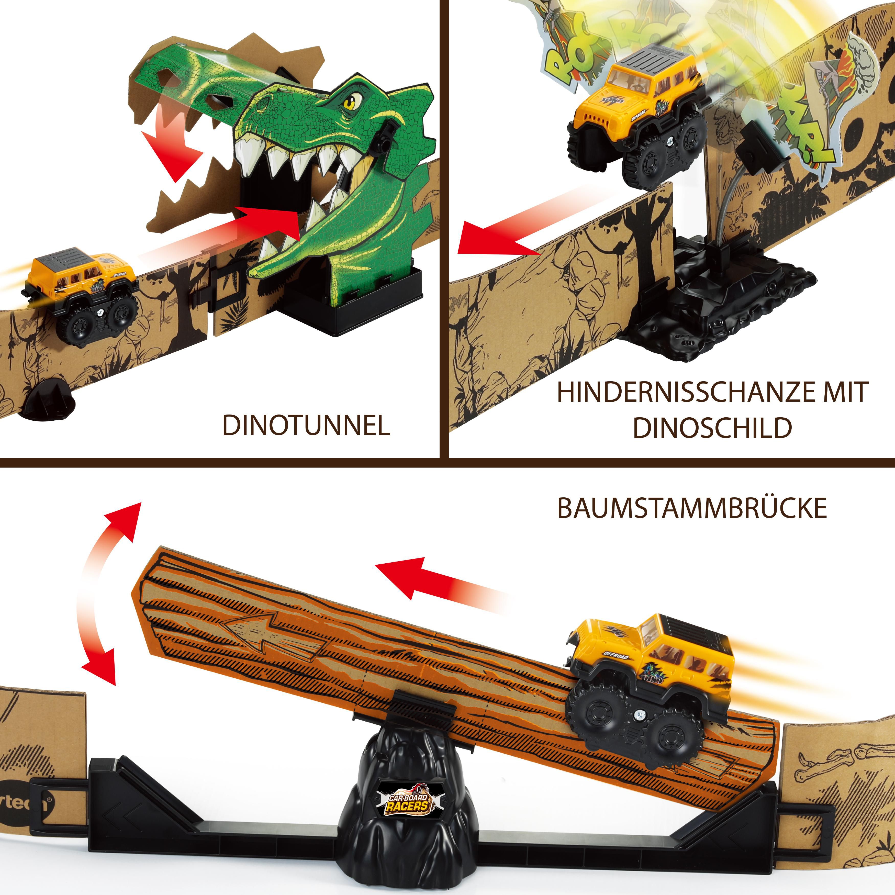 Eine Spielzeugauto-Strecke mit Dinosaurier-Tunnel, Rampe und Holzbrücke, alles mit einem gelben Spielzeugauto.
