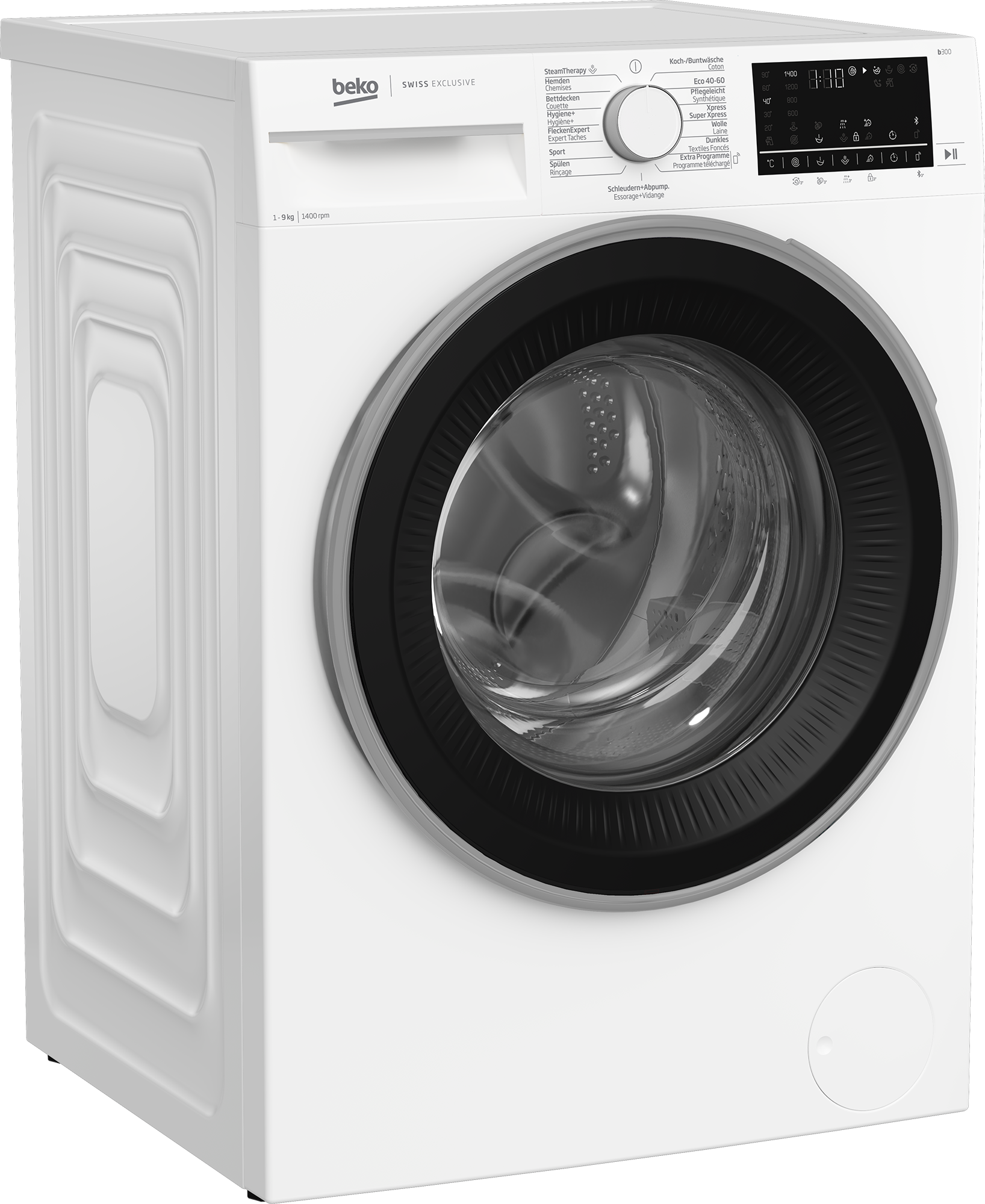 Weiße Beko Waschmaschine, Frontansicht, mit schwarzer Tür und Bedienfeld.