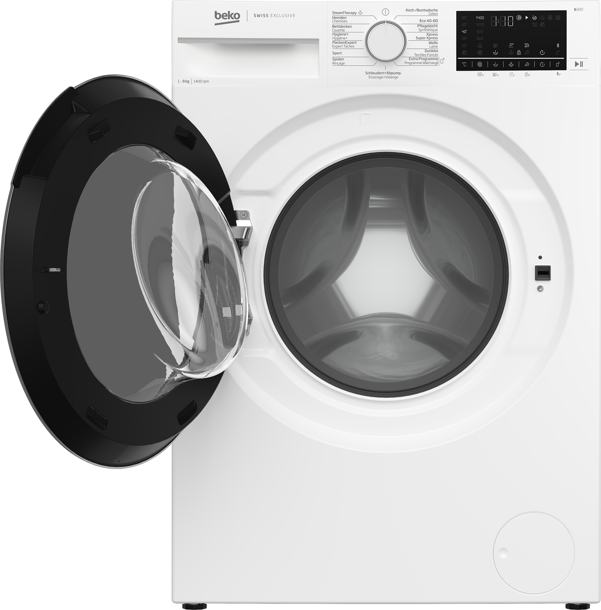 Eine weiße Waschmaschine mit offener Tür. Der Innenraum ist sichtbar. Das Bedienfeld ist oben.