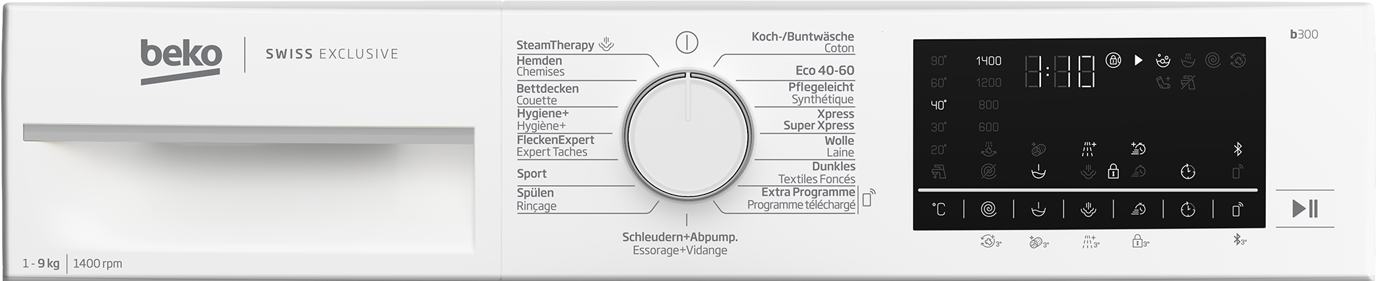 Ein weißes Waschmaschinen-Bedienfeld mit mehreren Knöpfen, einem Drehregler und einem Digitaldisplay. Das Beko-Logo ist sichtbar.