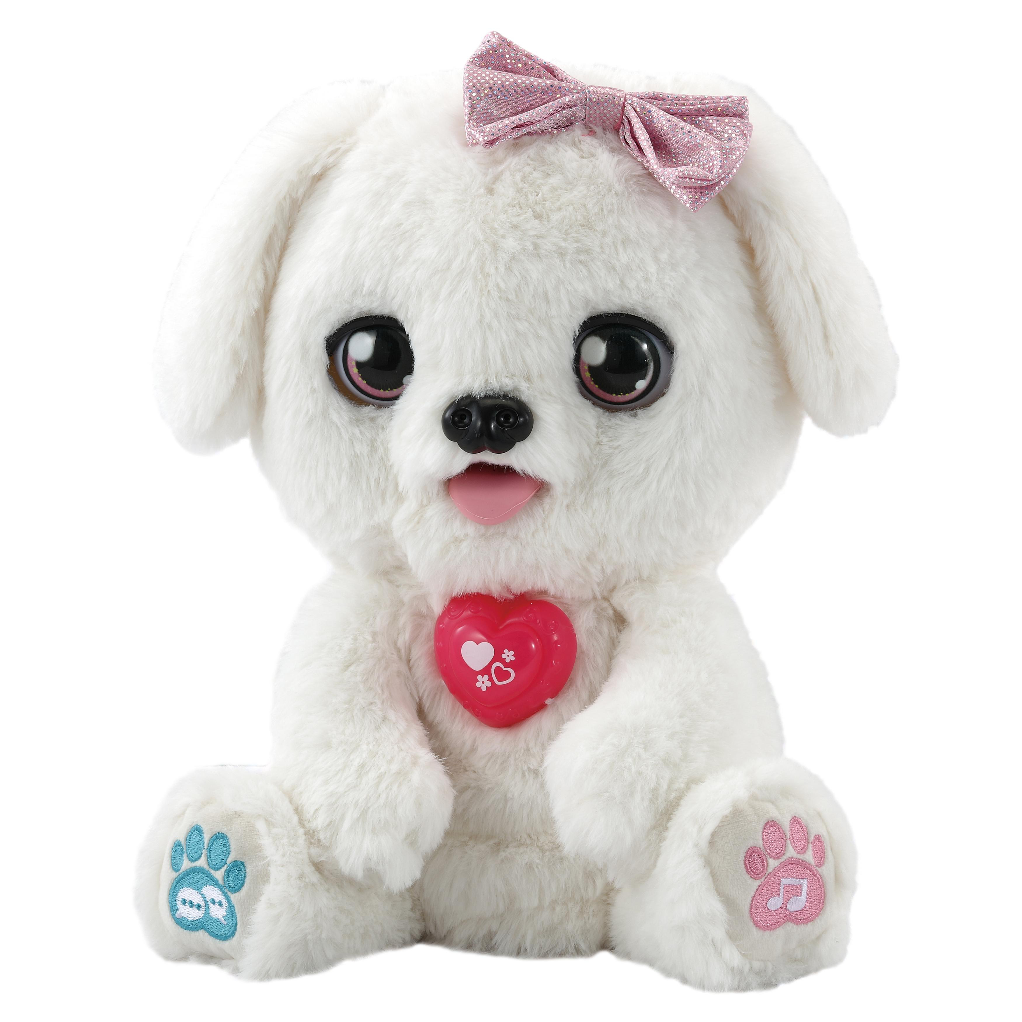Ein weißes Hund-Plüschtier mit rosa Schleife und herzförmigem Kragen. Es sitzt.