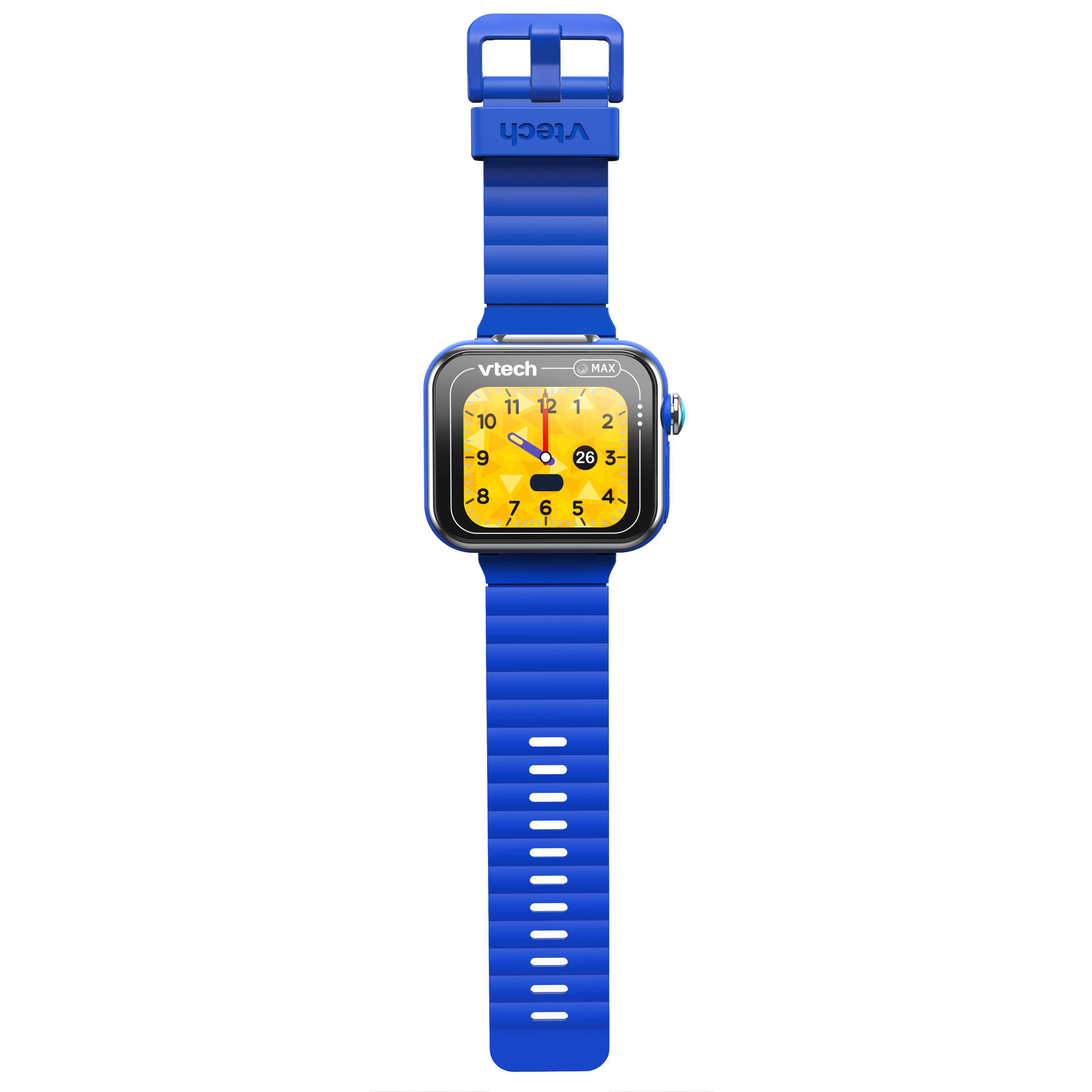 Blaue VTech Smartwatch mit Zeitanzeige. Gelbes Zifferblatt mit digitaler Anzeige.